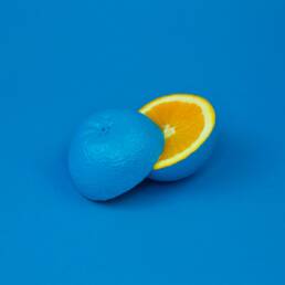 An orange fruit that is sliced in half, with the exterior painted blue, and the inside remains orange.