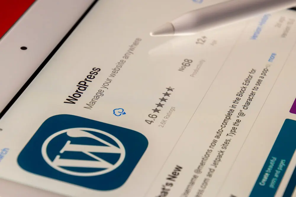 A WordPress application ready for download on an iPad device.