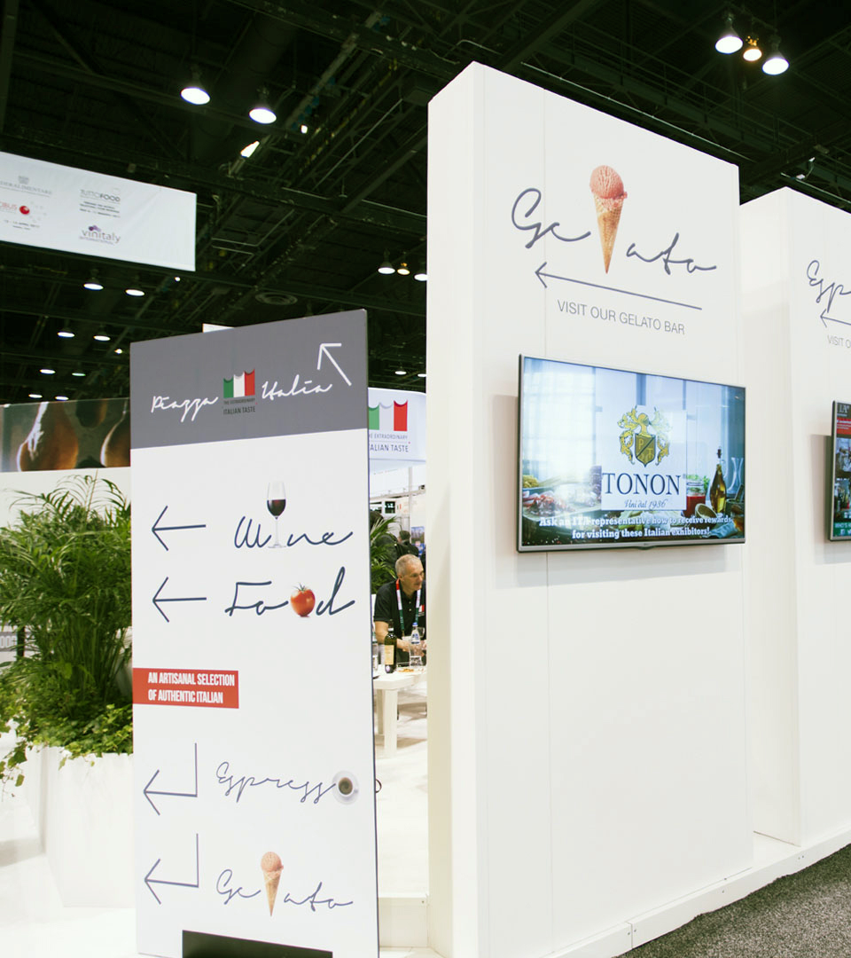 Trade show booth design that features Italian culinary.