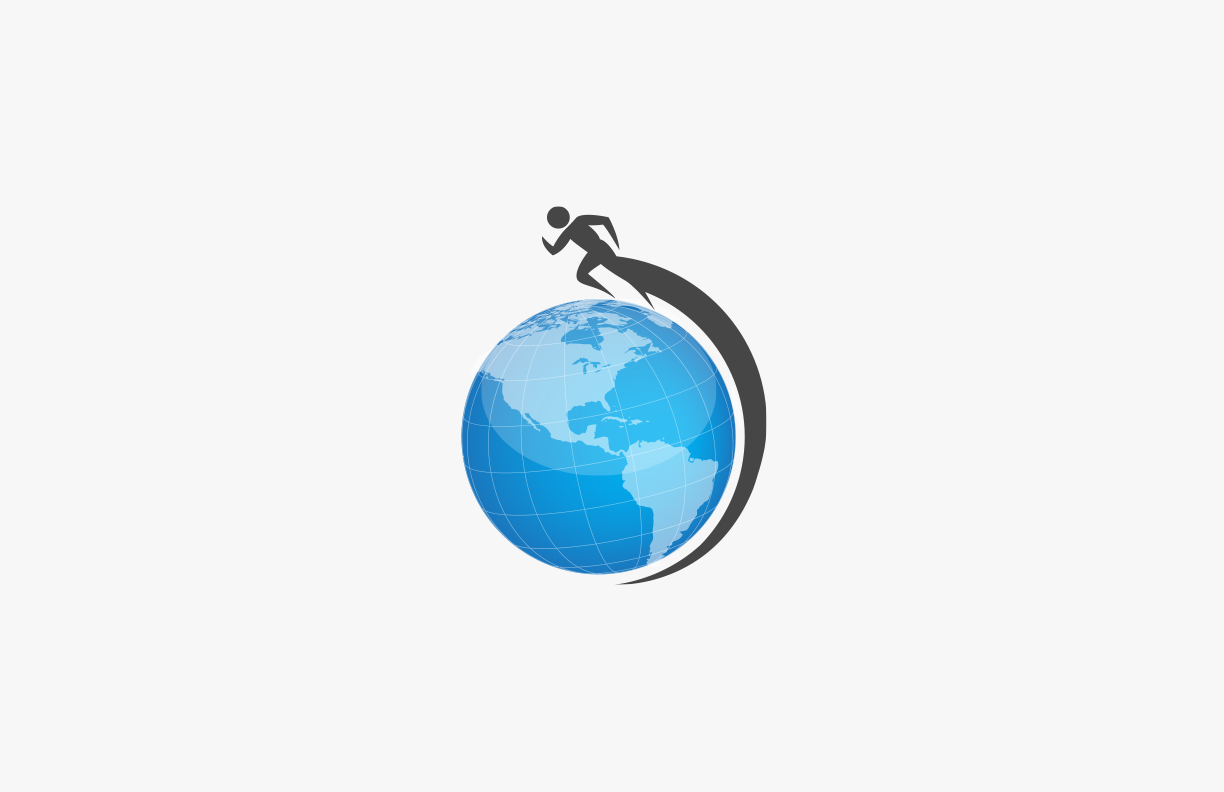 Logo mark of globe and person running.