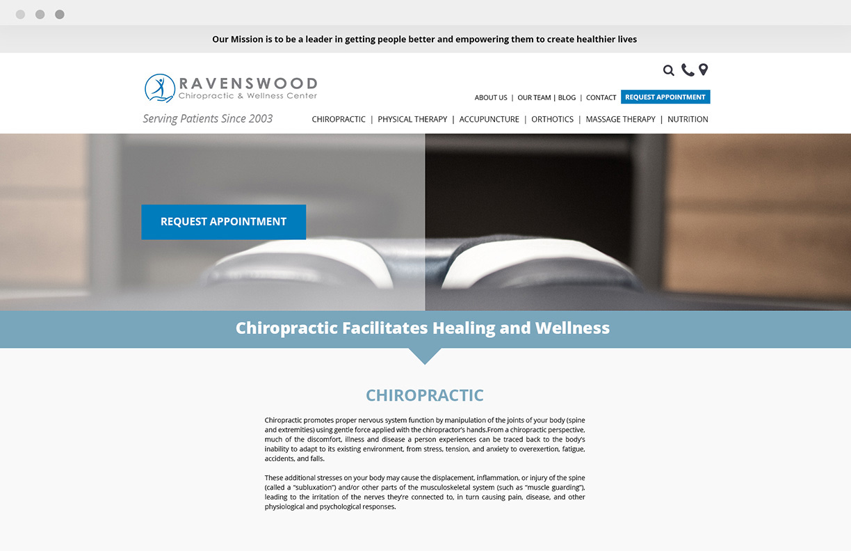 Chiropractic web site UI screen.