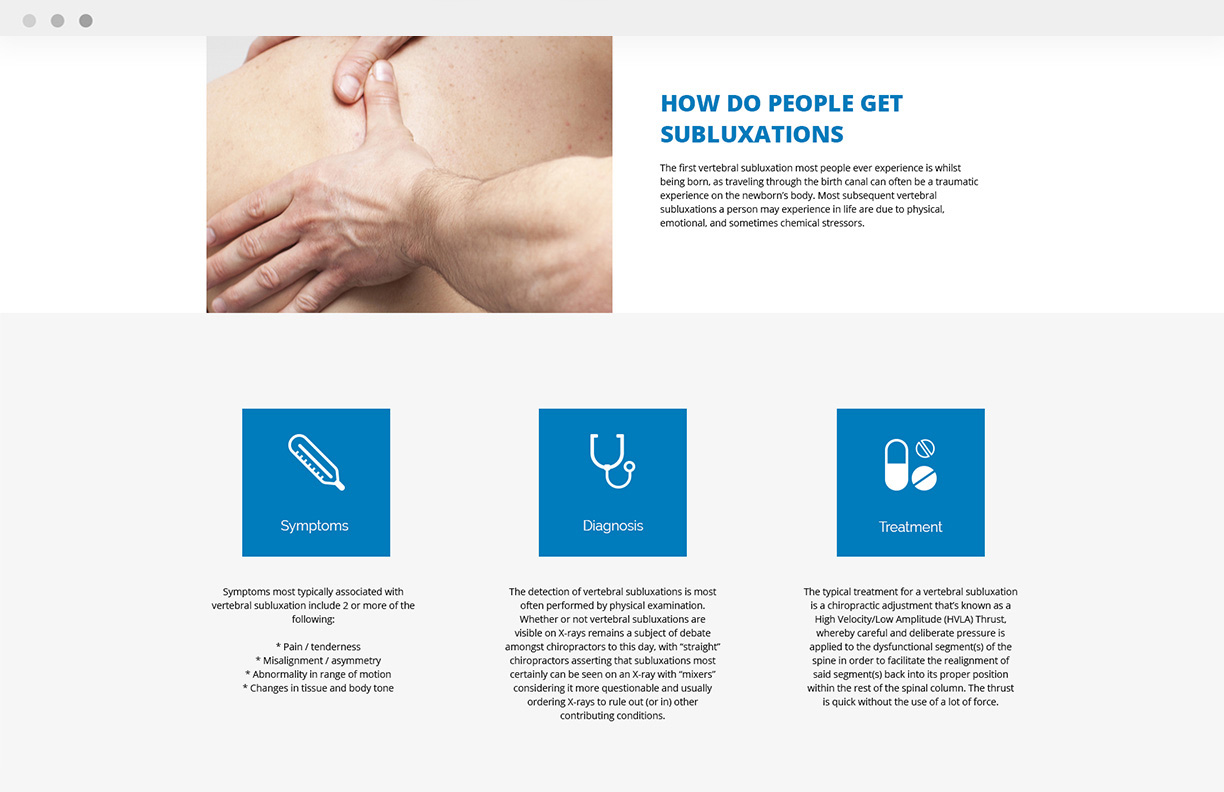 Icons and text UI screen on chiropractor website.