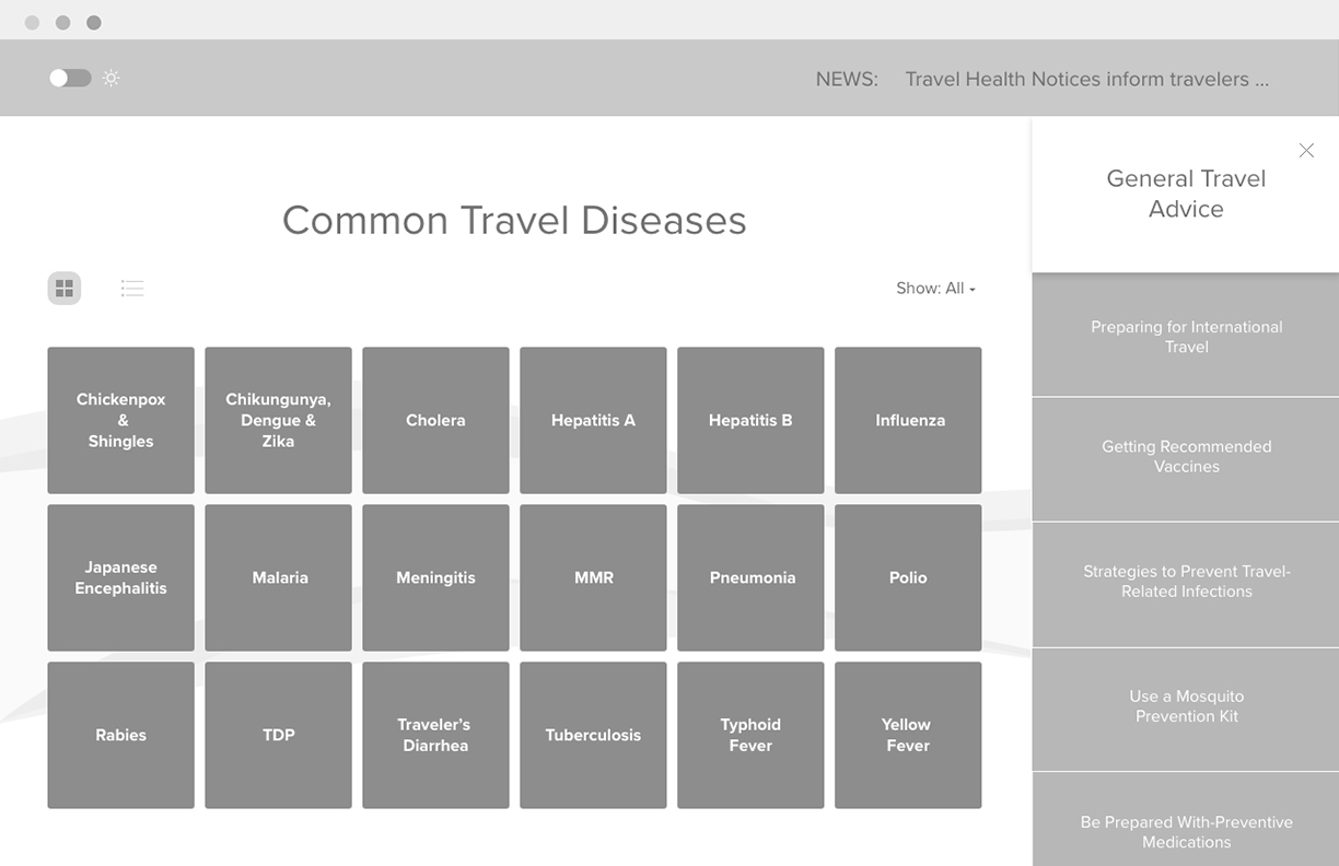 A wireframe design on a page listing common travel diseases.
