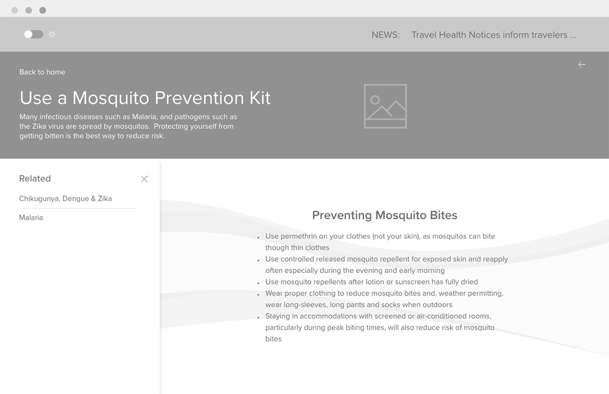 A wireframe for a page about preventing mosquito bites.