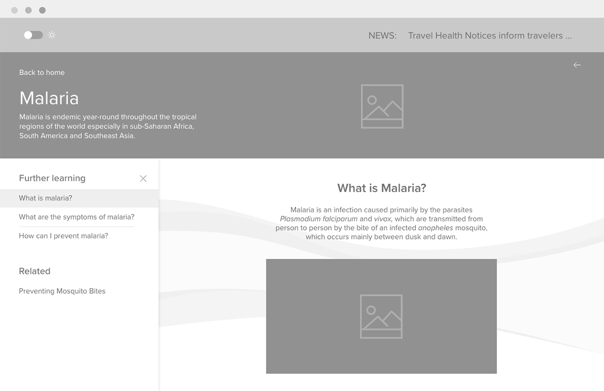 A wireframe for a page about Malaria.