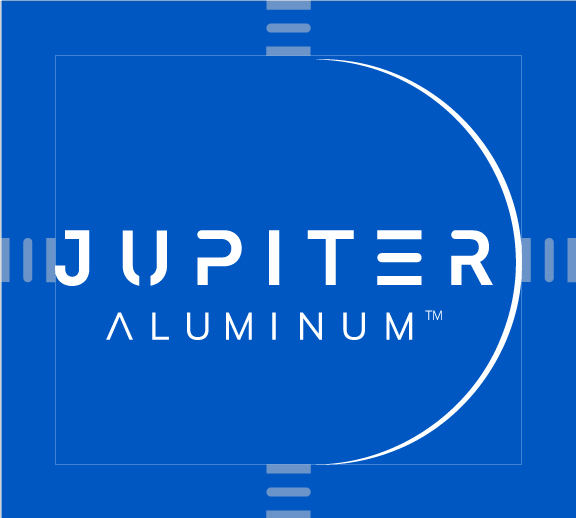 An aluminum company logo construction on blue background.