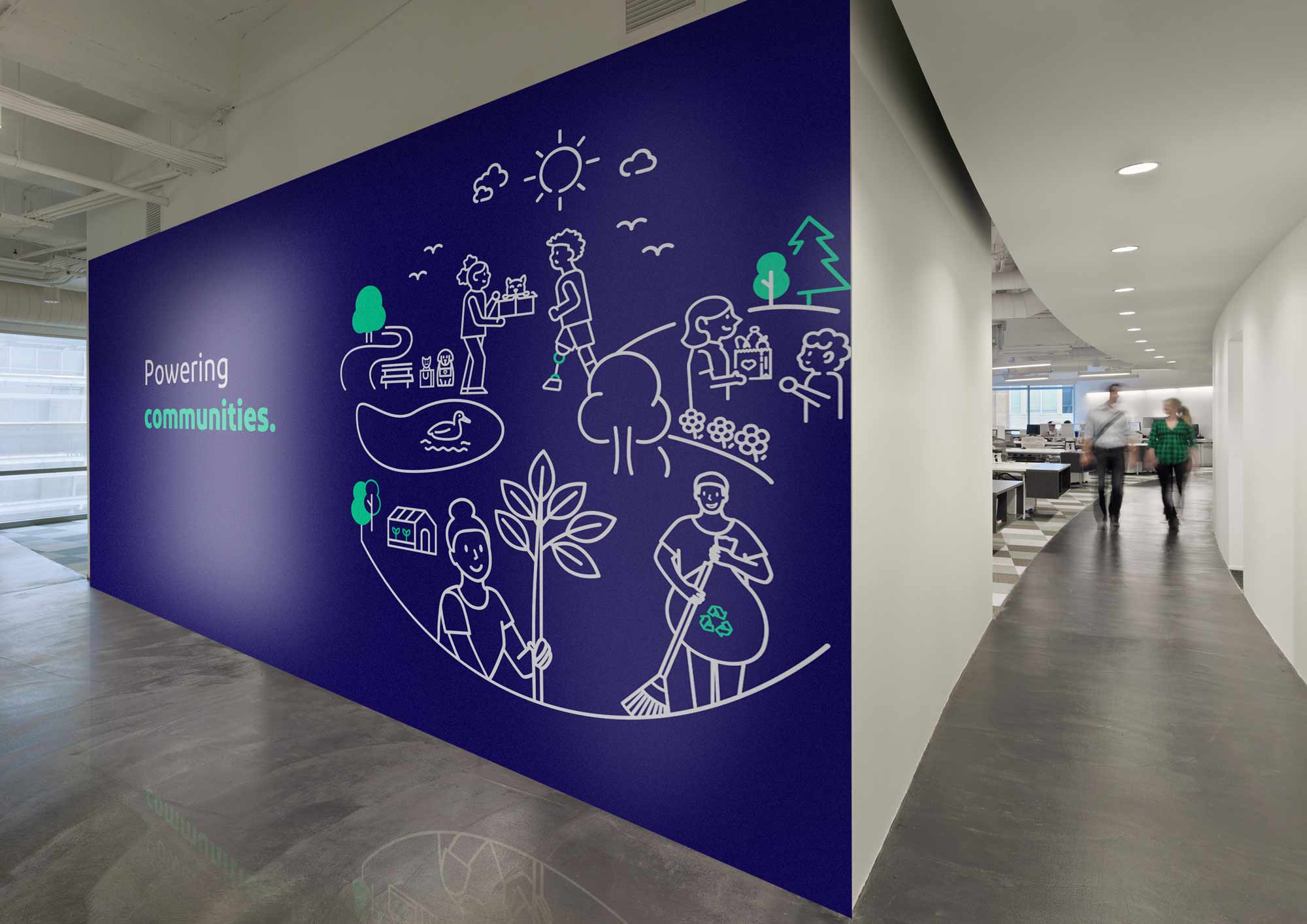 An office mural with line illustrations.