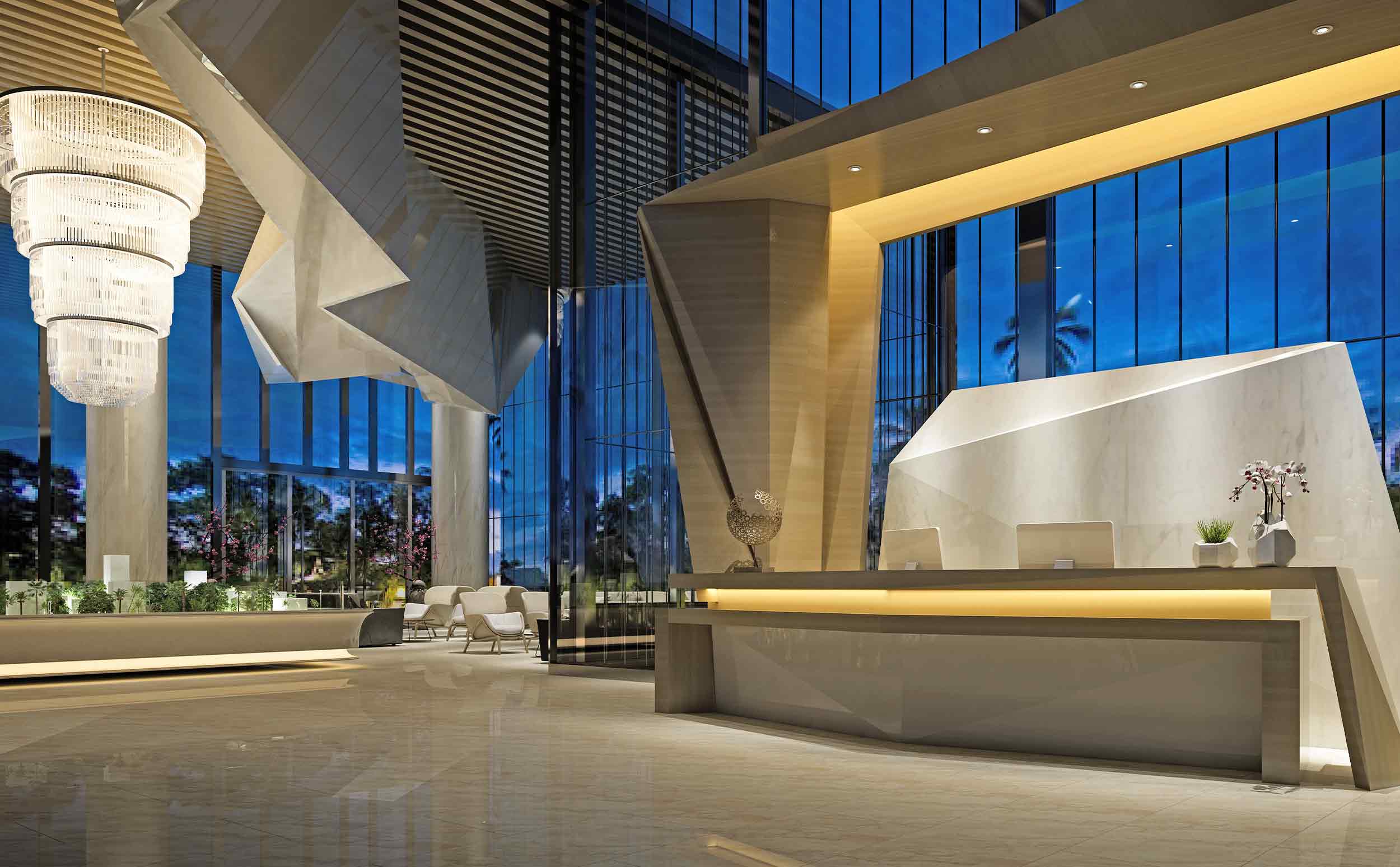 An interior of a hotel lobby with large open windows.