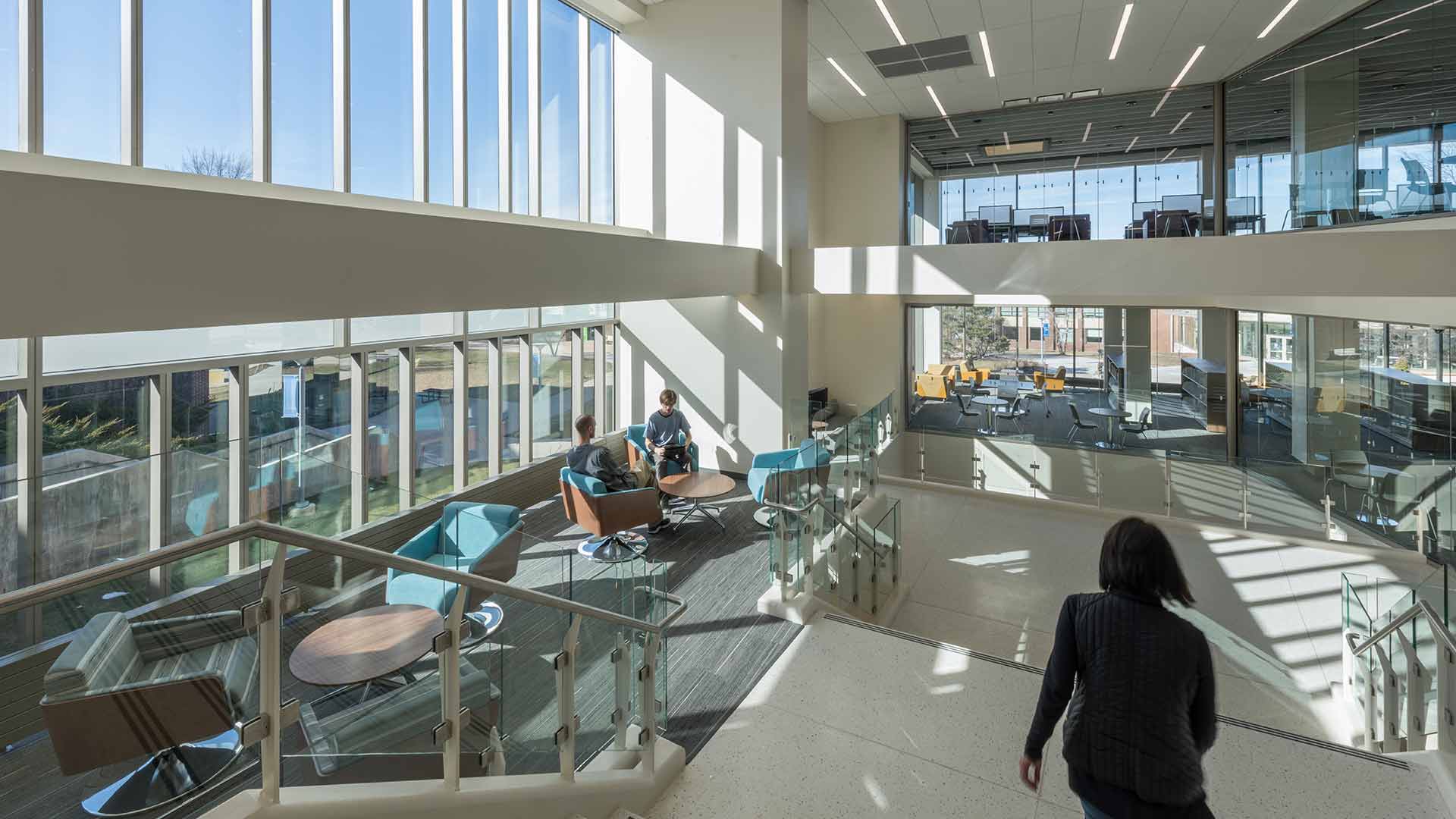 College Library Interior and Large Windows.