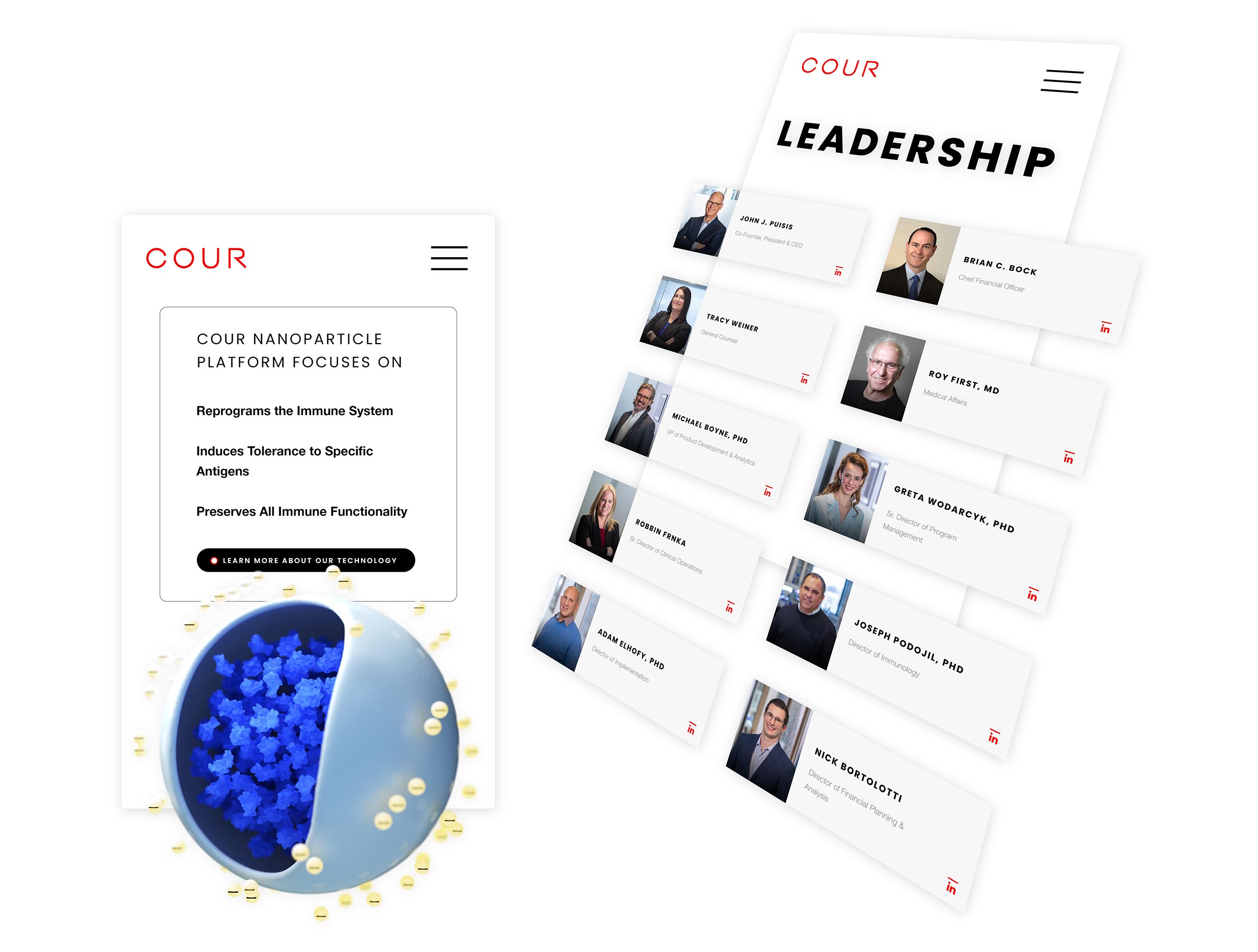 The leadership team and headshots of a mobile UI screen design.