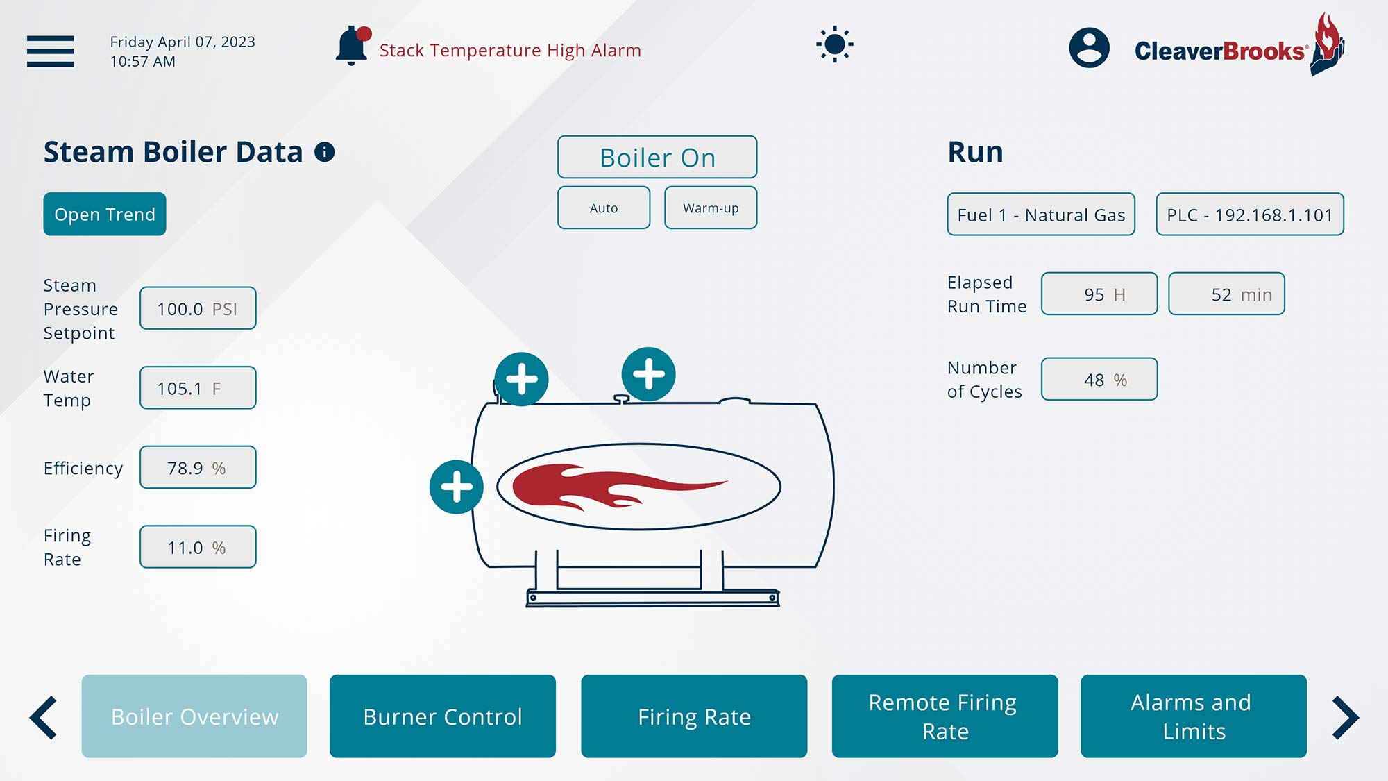 A UI screen design light in color showing Steam Boiler Data and Run.