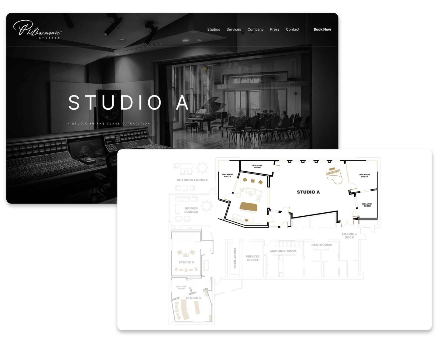 Studio blueprints and a UI screen design.