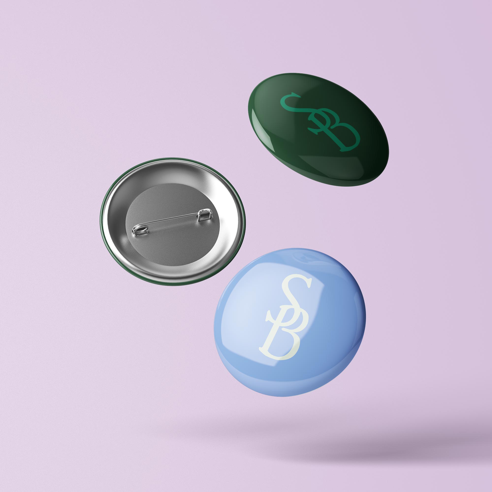 Branded buttons with monogram logos printed.