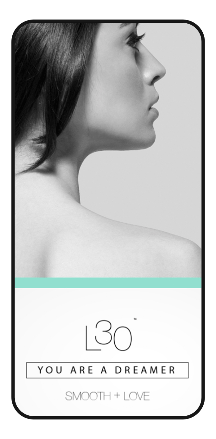 Mobile screen interface for cosmetic brand featuring person showing clear skin.