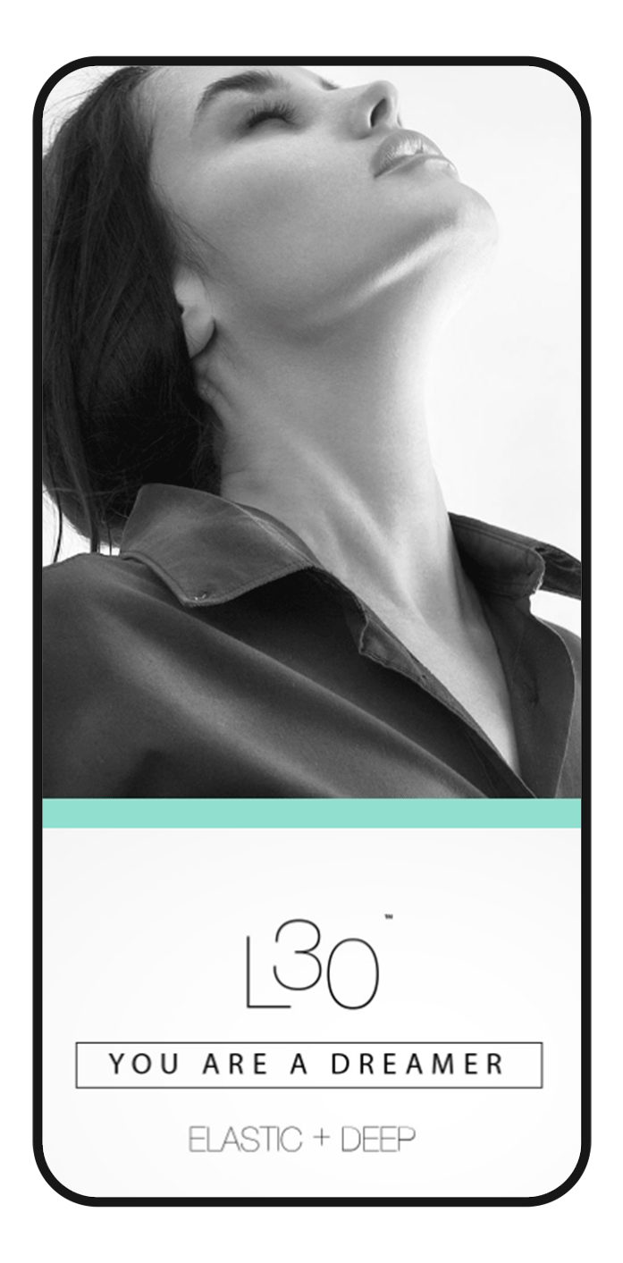 A person with head up and eyes closed on a mobile screen interface for a new cosmetic brand.