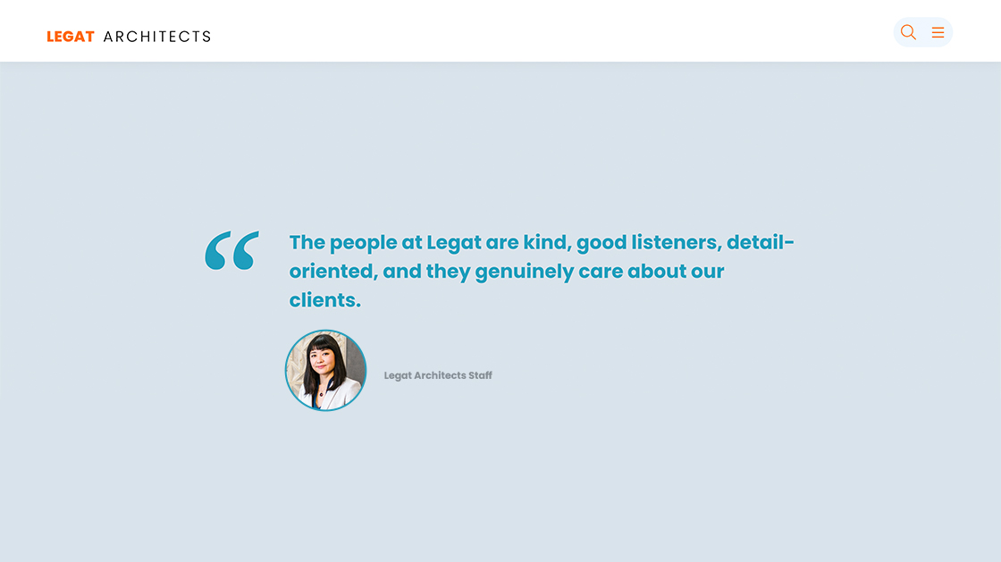 A desktop web design screen featuring a staff quote and headshot.