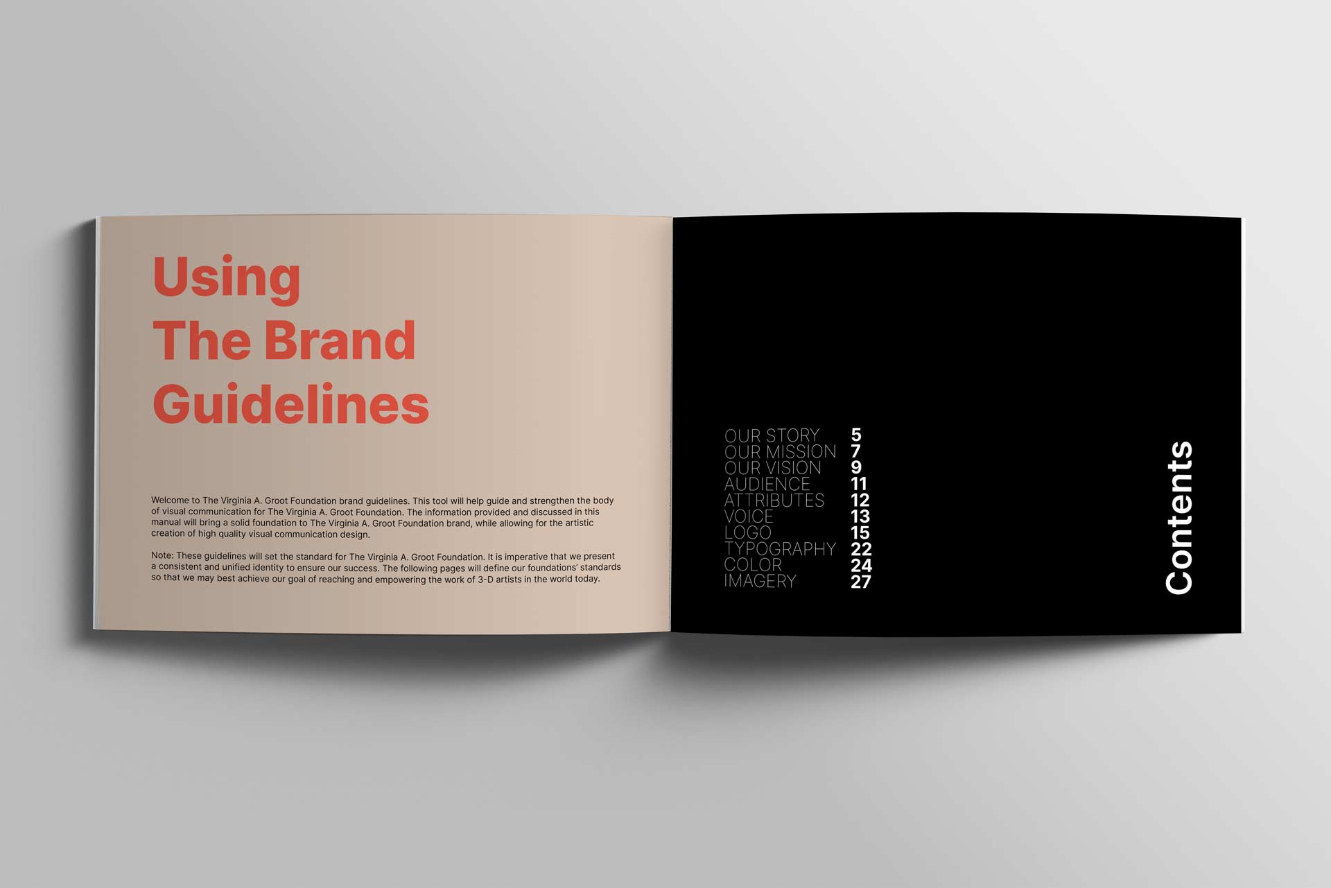 "Using the brand guidelines" spread and table of contents.