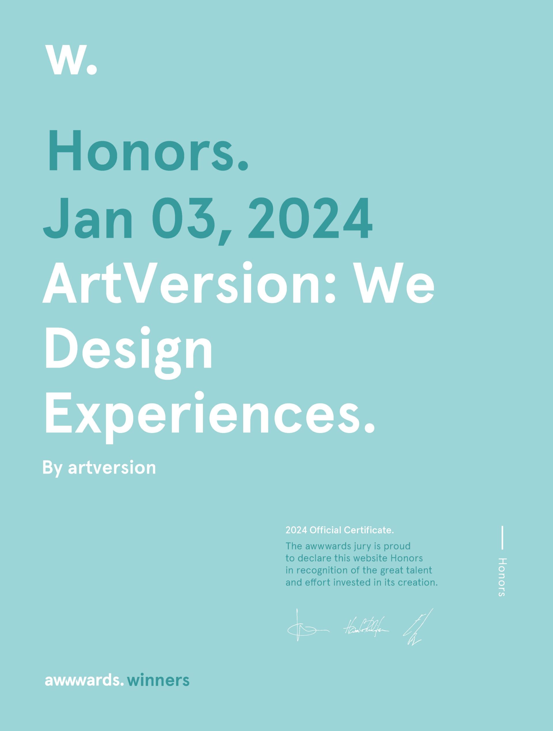 awwwards 2024 honorable mention certificate for ArtVersion website refresh.