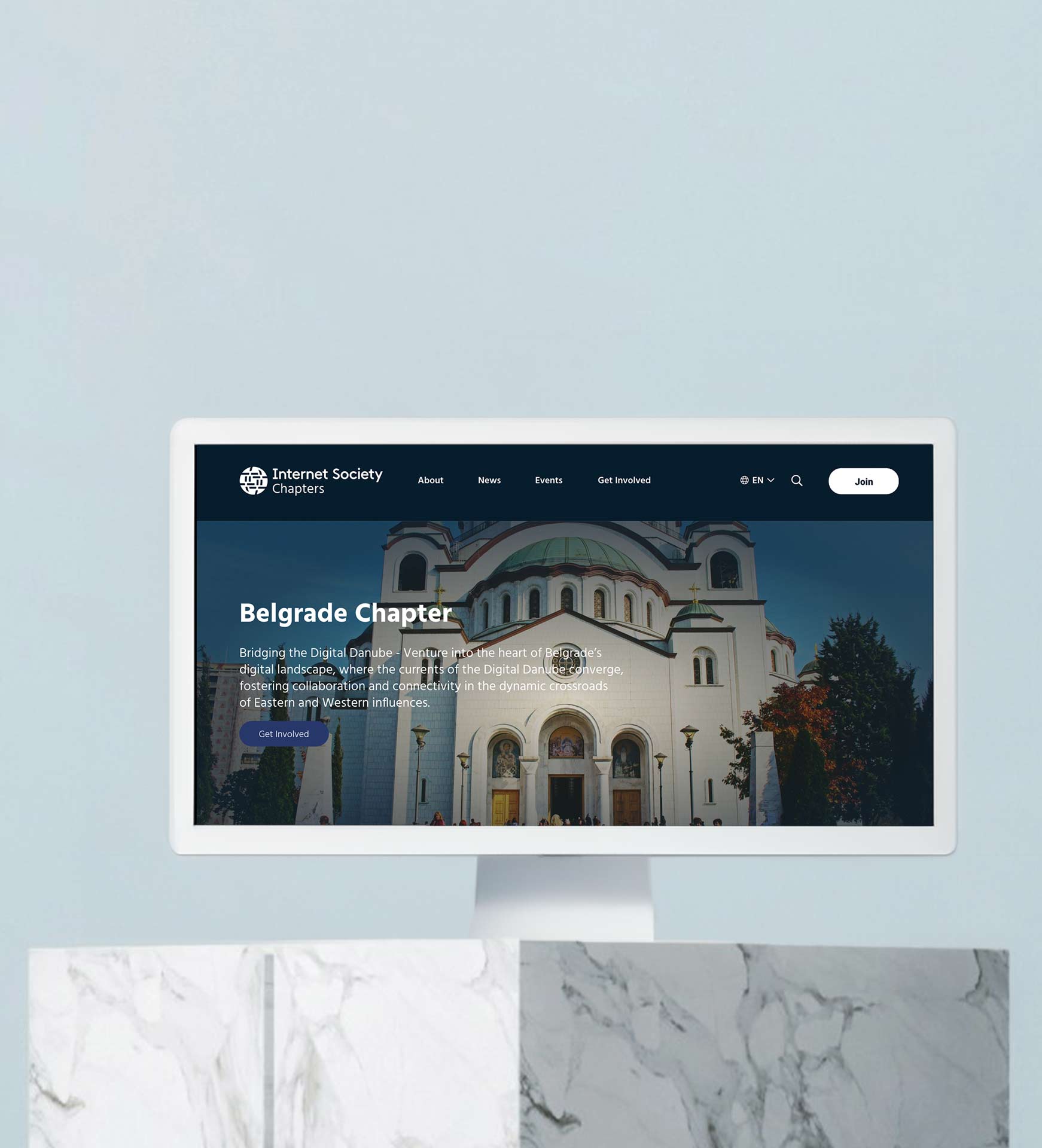 A UI screen for a Belgrade Chapter on a marble counter top.