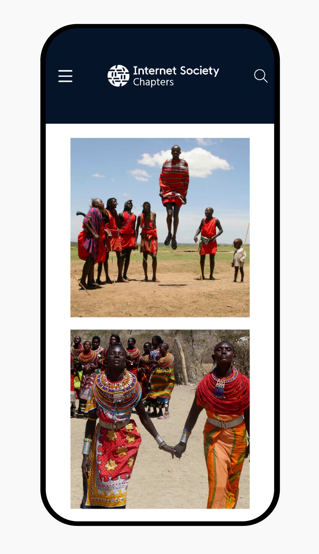 A mobile UI screen featuring a photo gallery of people native to Africa.