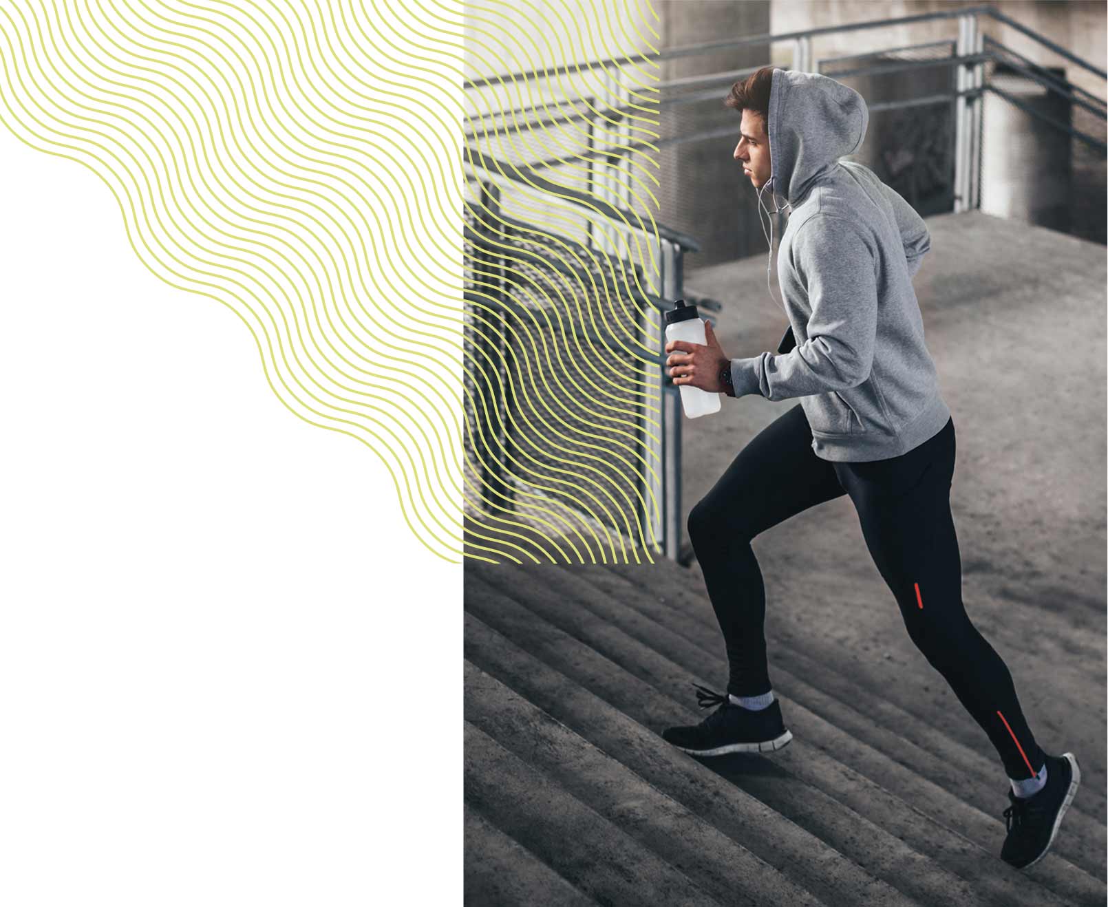 A custom graphic shape overlapping with an image of a person running up steps.