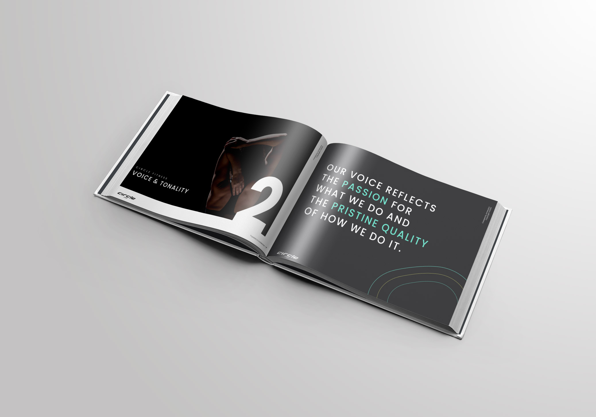 A book mockup of a voice and tonality section for brand guidelines.