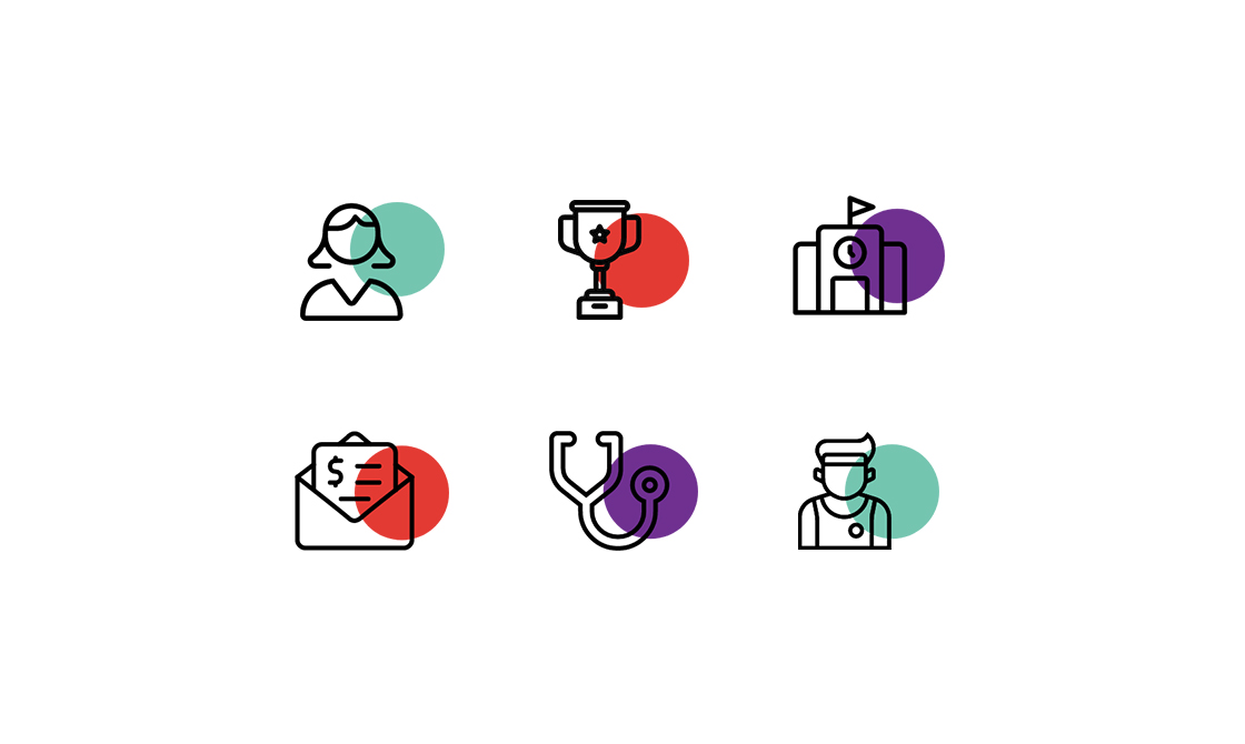 Customized linear icons with colorful circles.