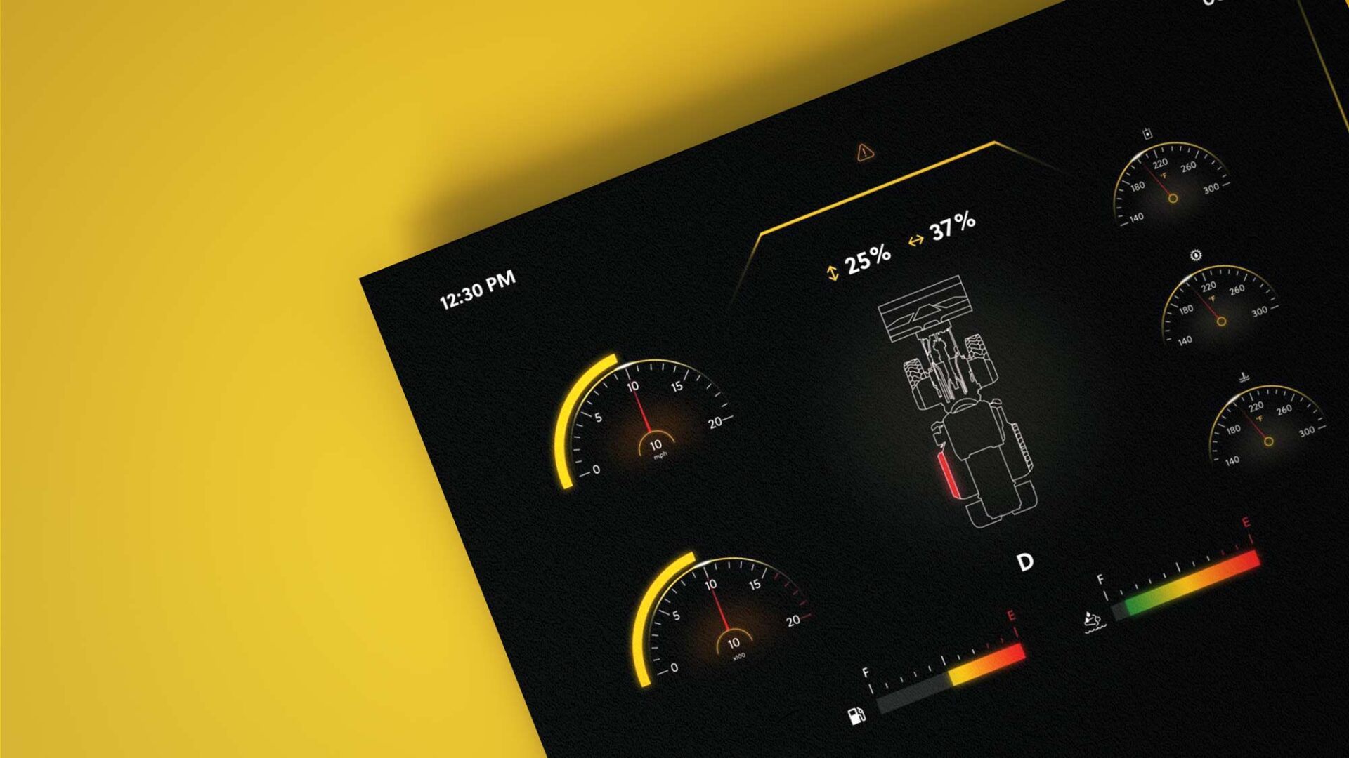 Automotive and machinery interface screen featuring graphic design components.