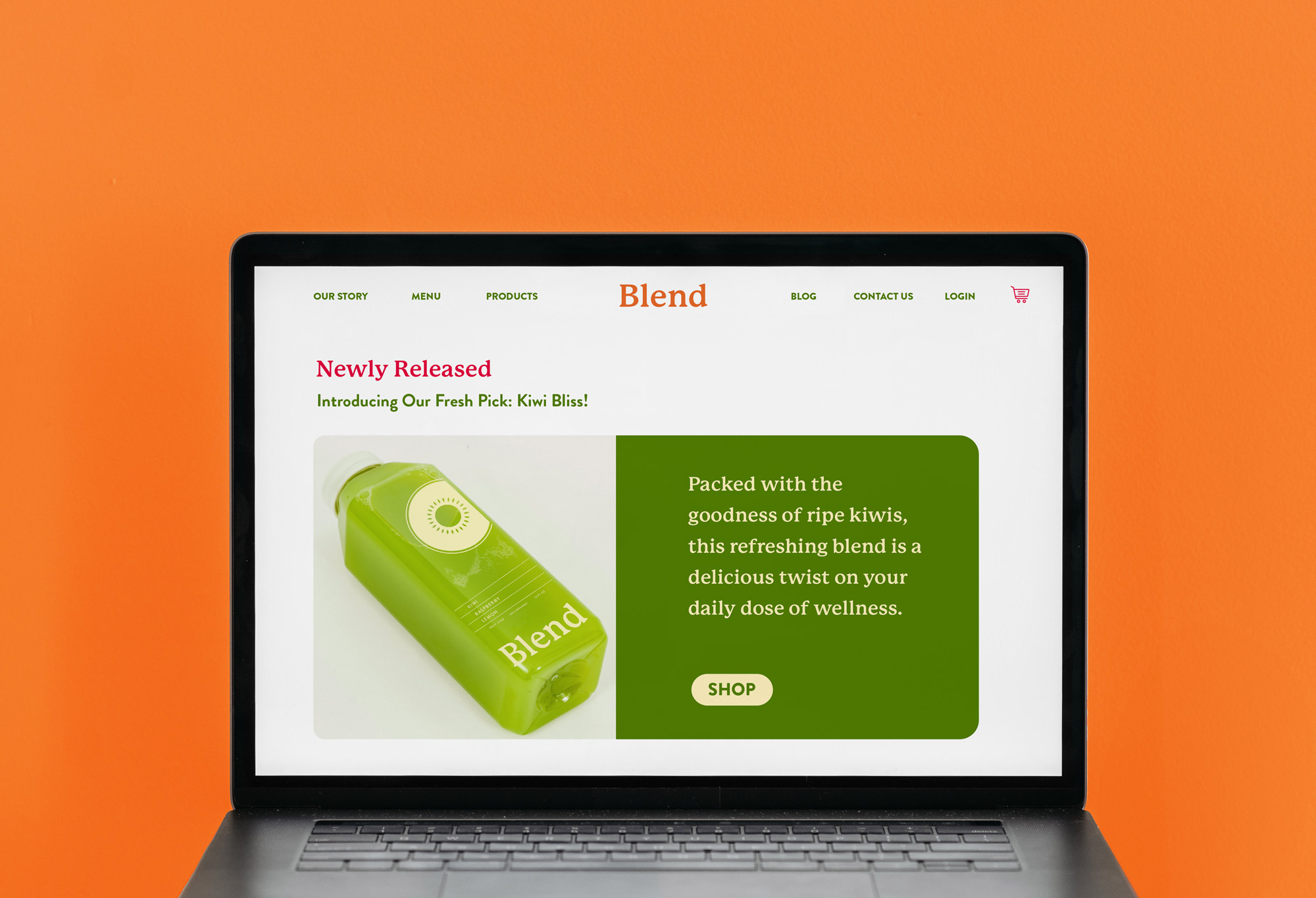 A laptop screen showcasing UX design of a juice website.