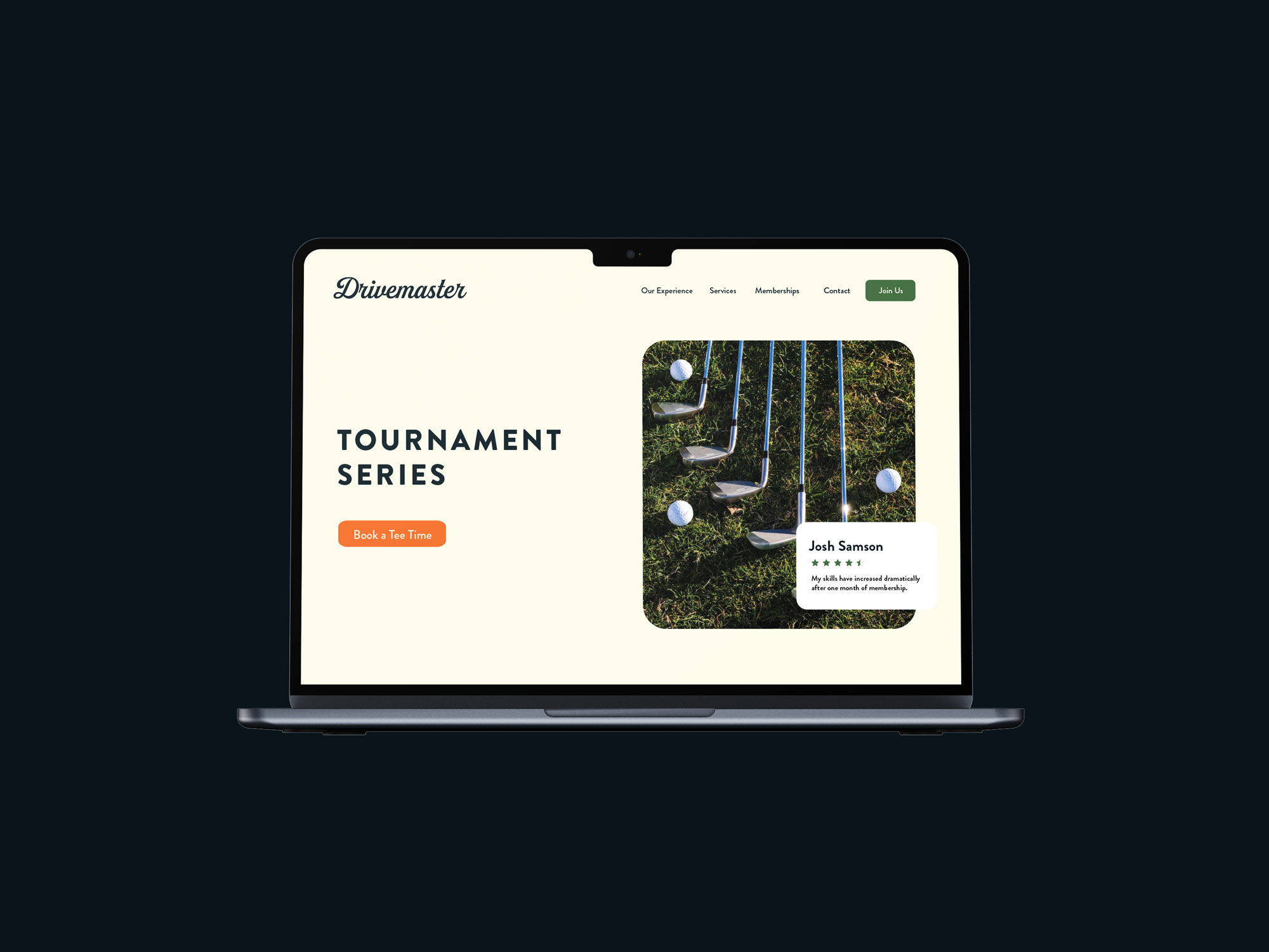 A laptop screen showcasing a UI UX design for an indoor golf company.