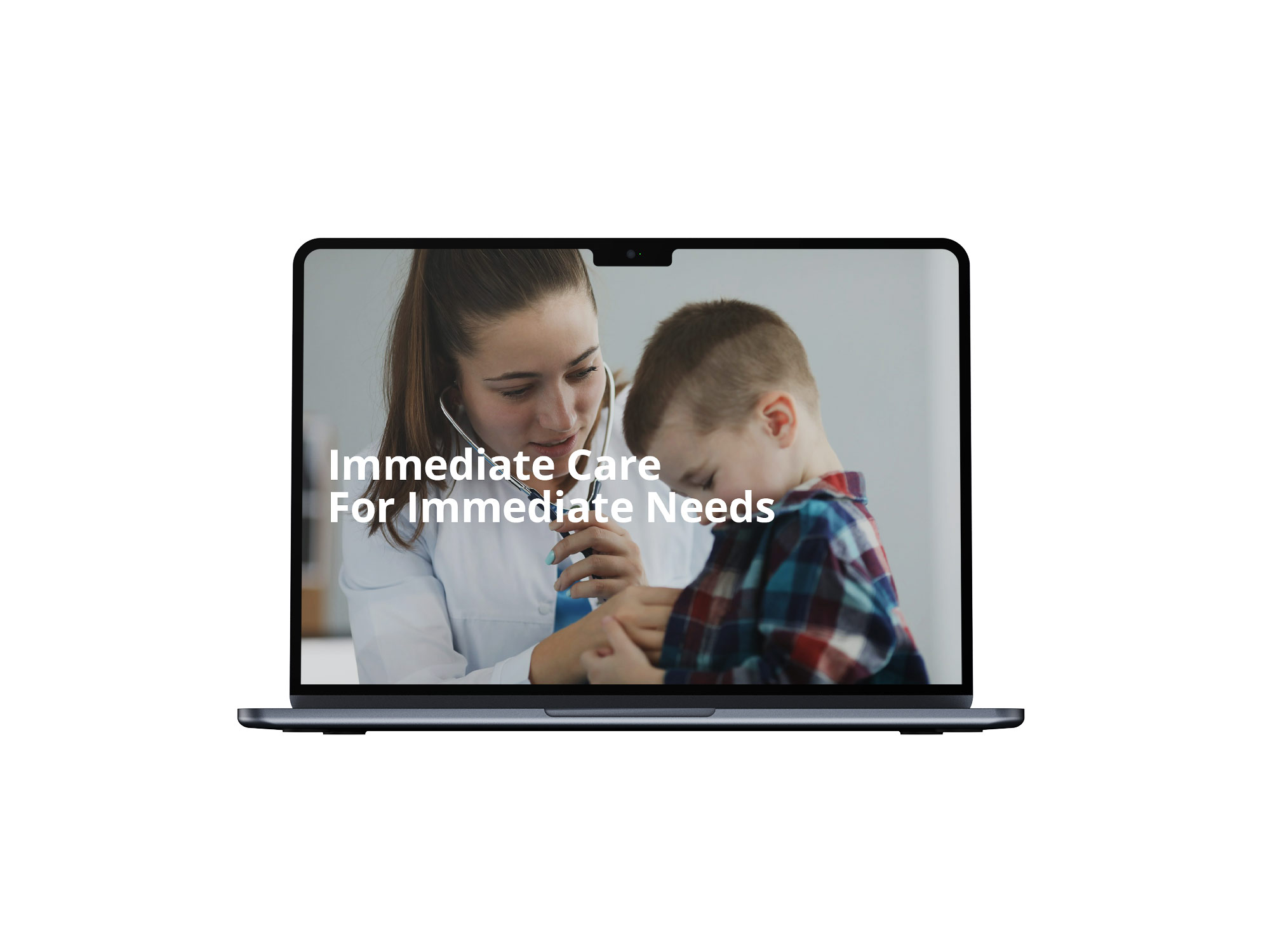 A laptop screen with an image of a doctor and a child.