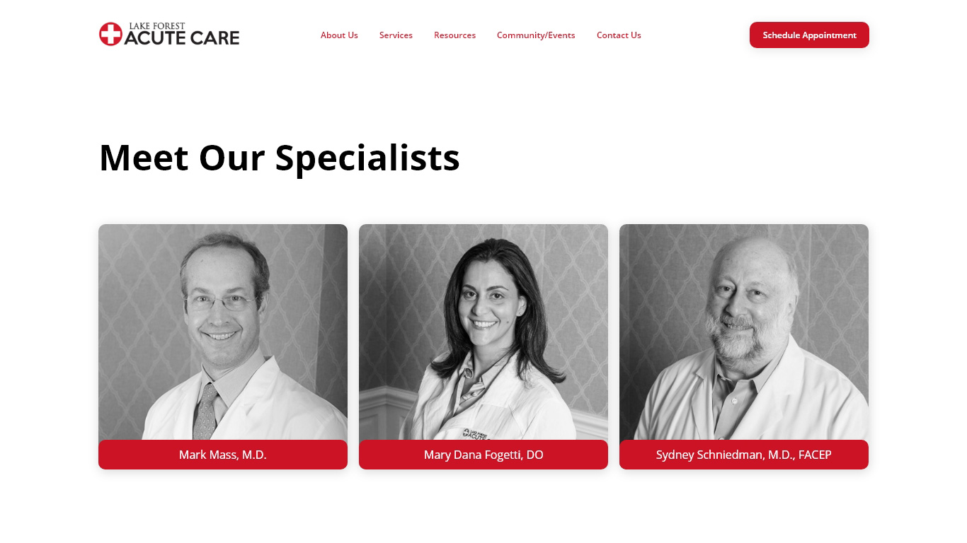 A team page with three team members for an immediate care website.