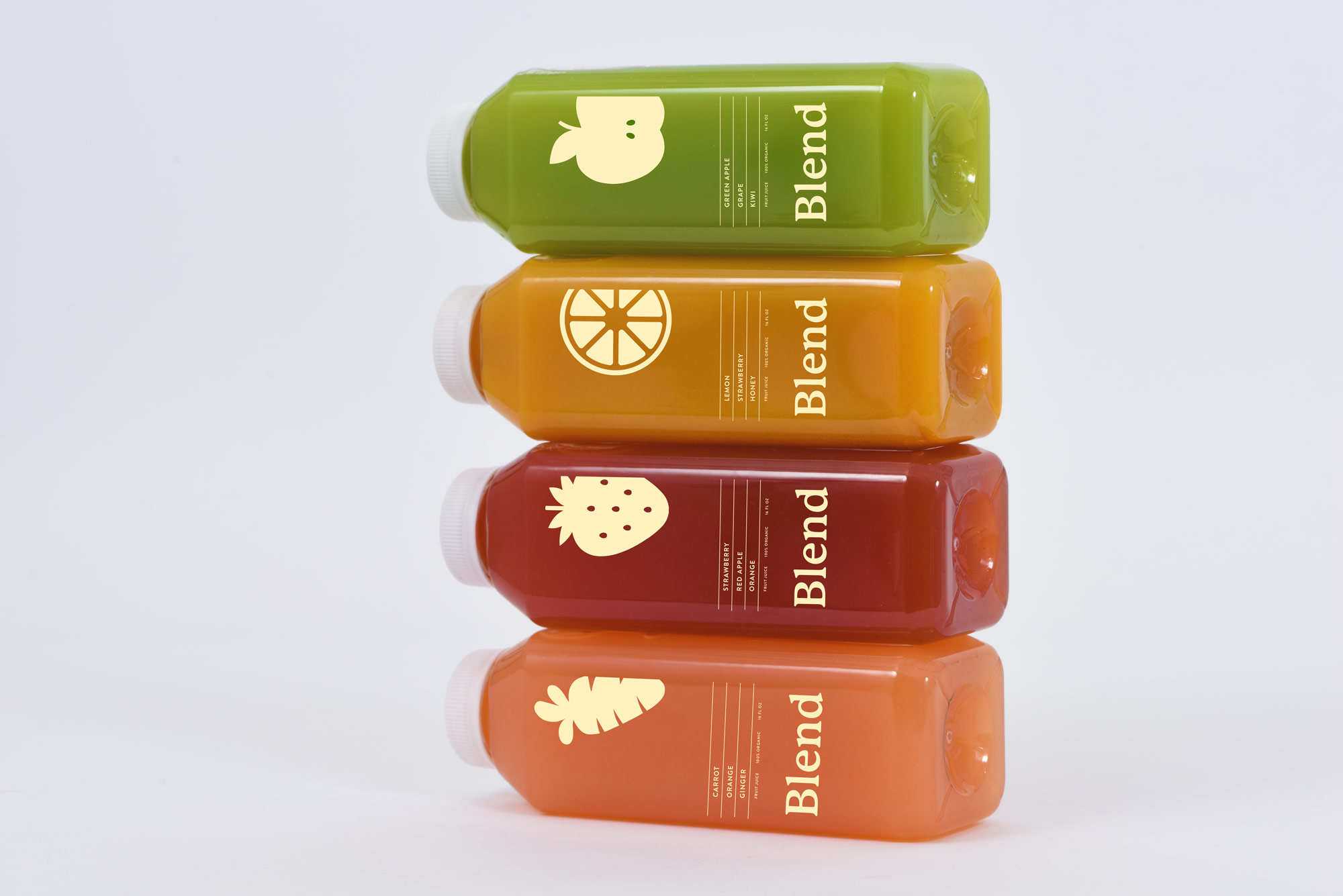 4 branded juice bottles stacked on top of each other.