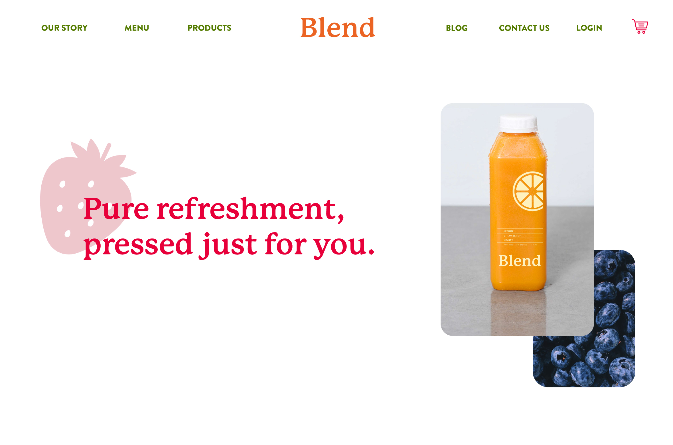 A desktop UX screen of a home screen for a juice company.