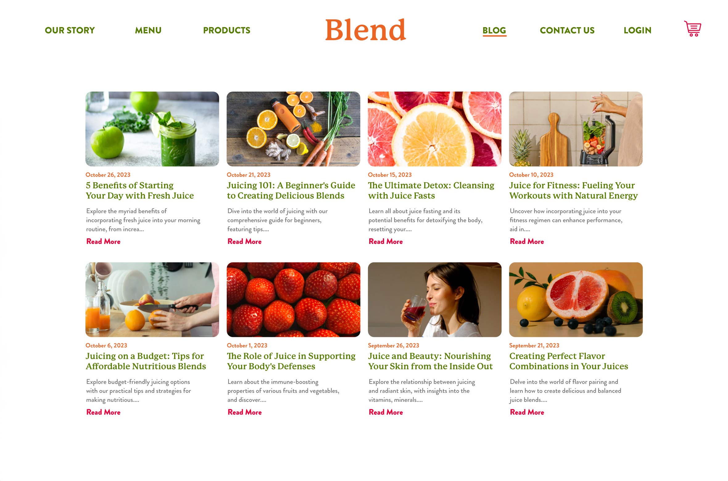 A UX screen of a blog for a juice company.