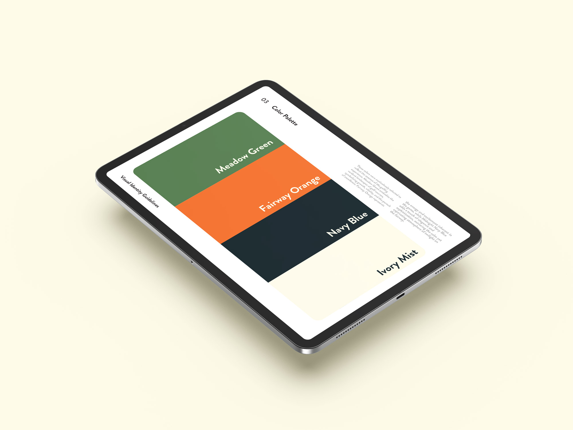 A tablet showcasing a color palette spread of a brand identity book.