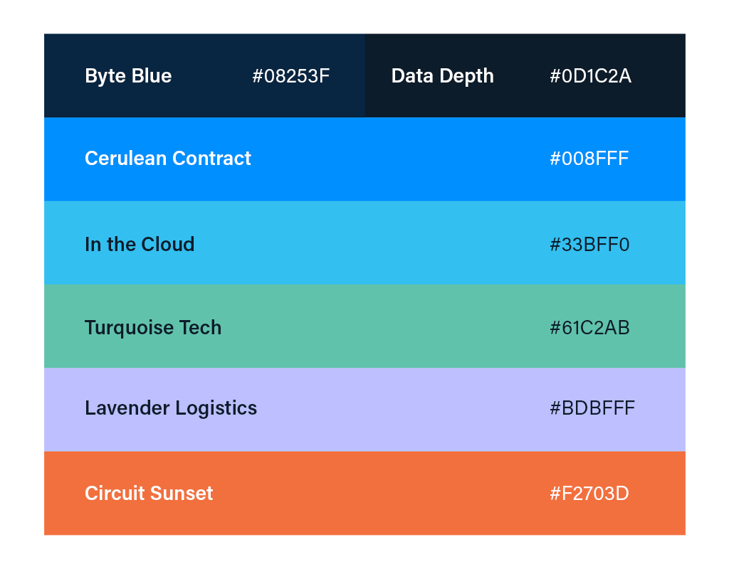 Brand color selections displayed in a striped layout with hex numbers.