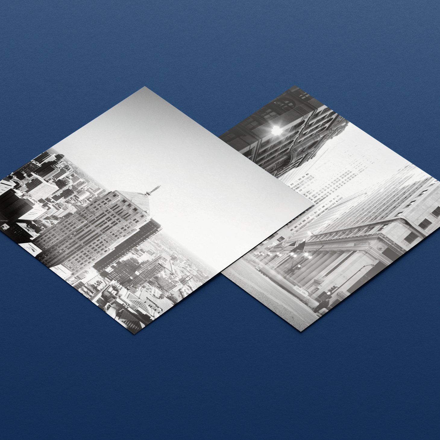 Two set of city-scape black and white photographs.