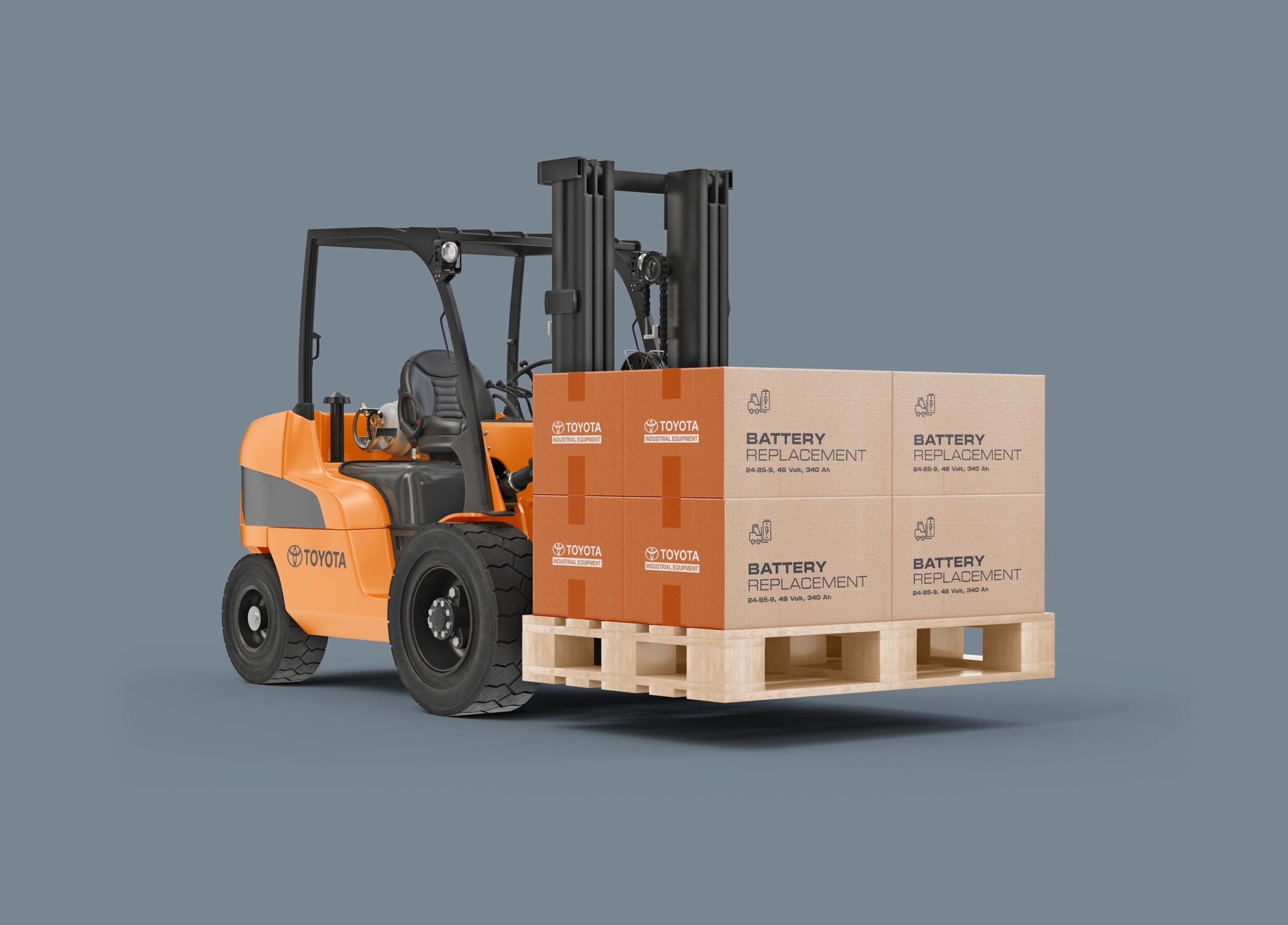 A forklift carrying cardboard boxes with brand logos on them.