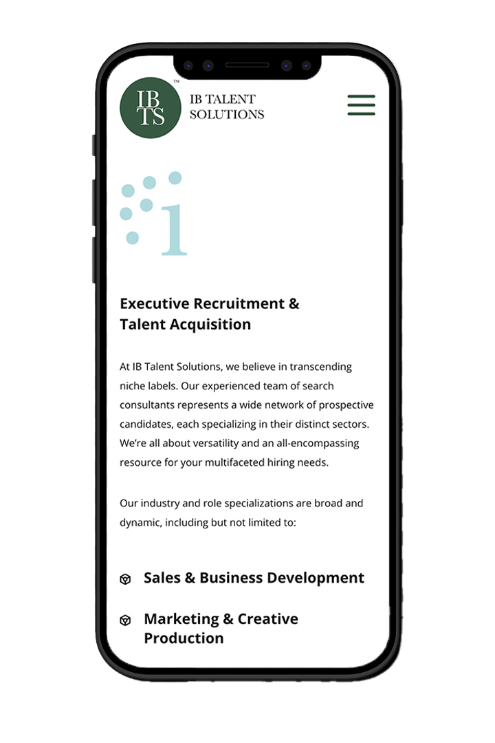 A mobile UX/UI screen with content for Executive Recruitment & Talent Acquisition.