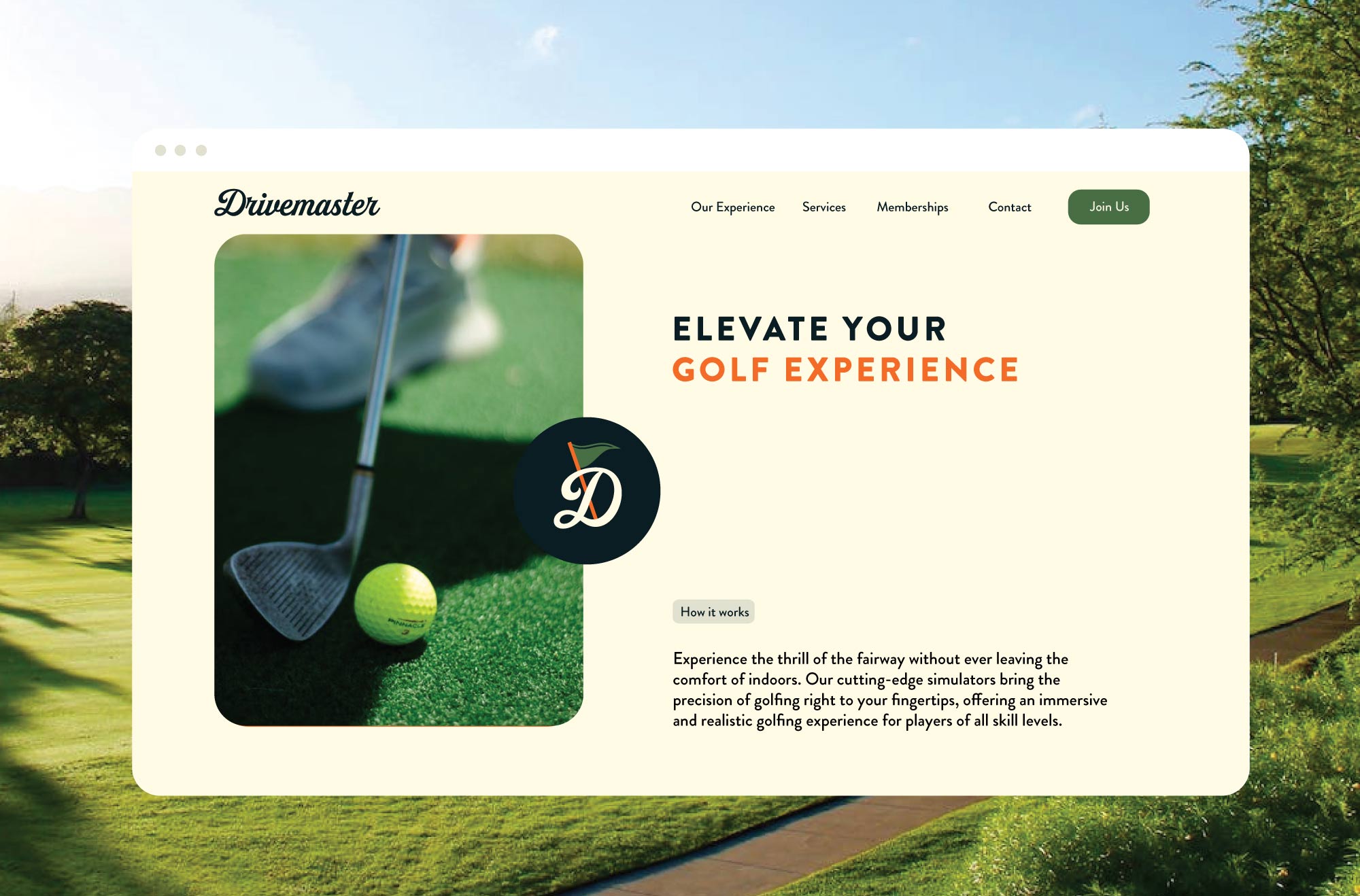 A UI screen that reads "Elevate Your Golf Experience" showing a person striking a golf ball.