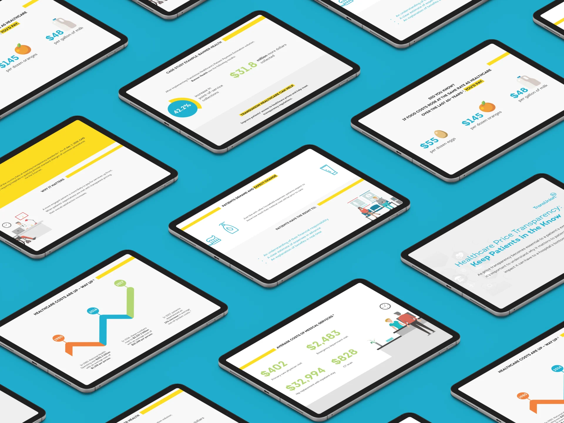 Multiple tablet screens displaying various infographic designs for a financial company.