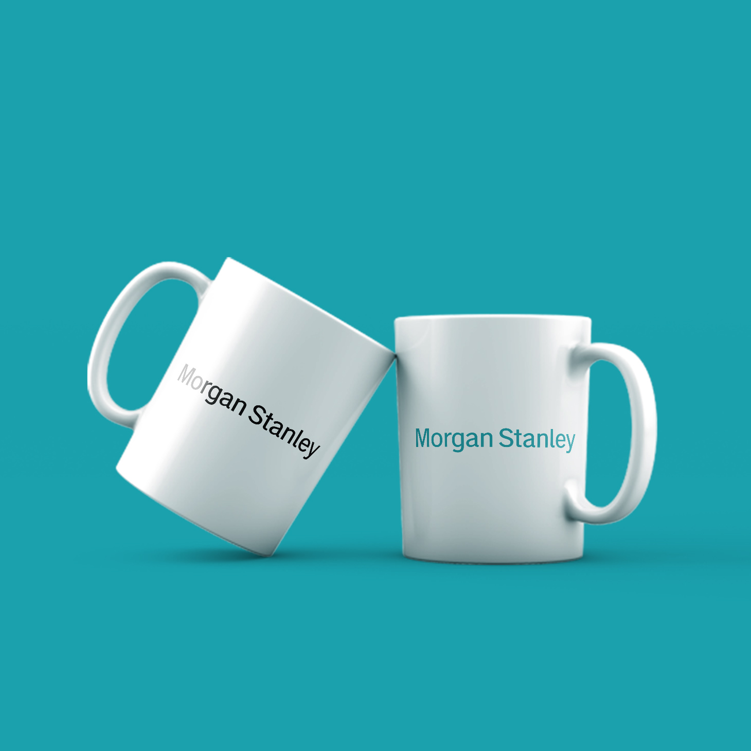 Two sets of white mugs with financial logo company.