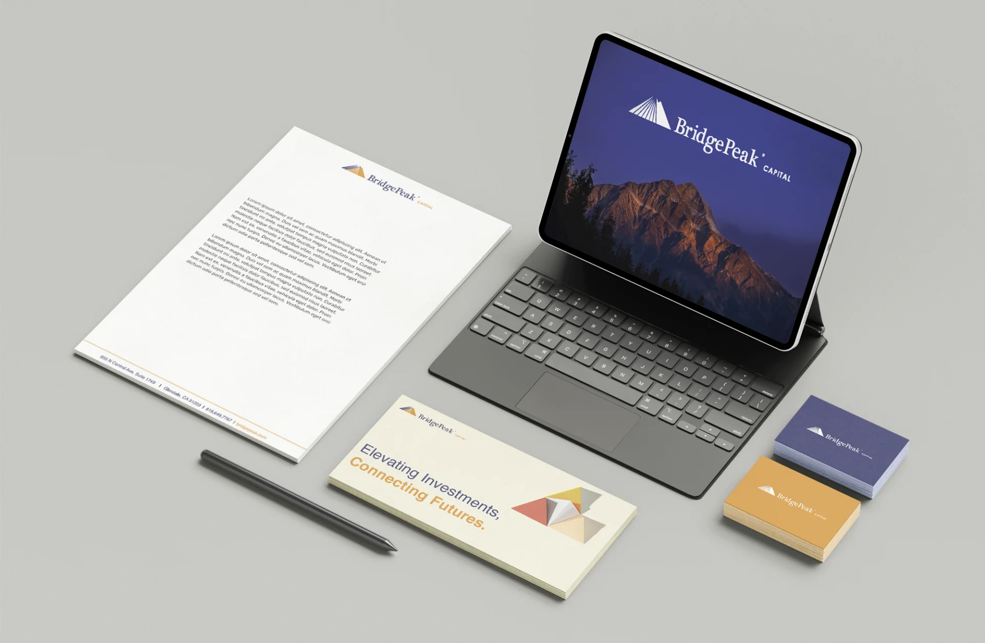 A financial company print branding collateral and digital content.