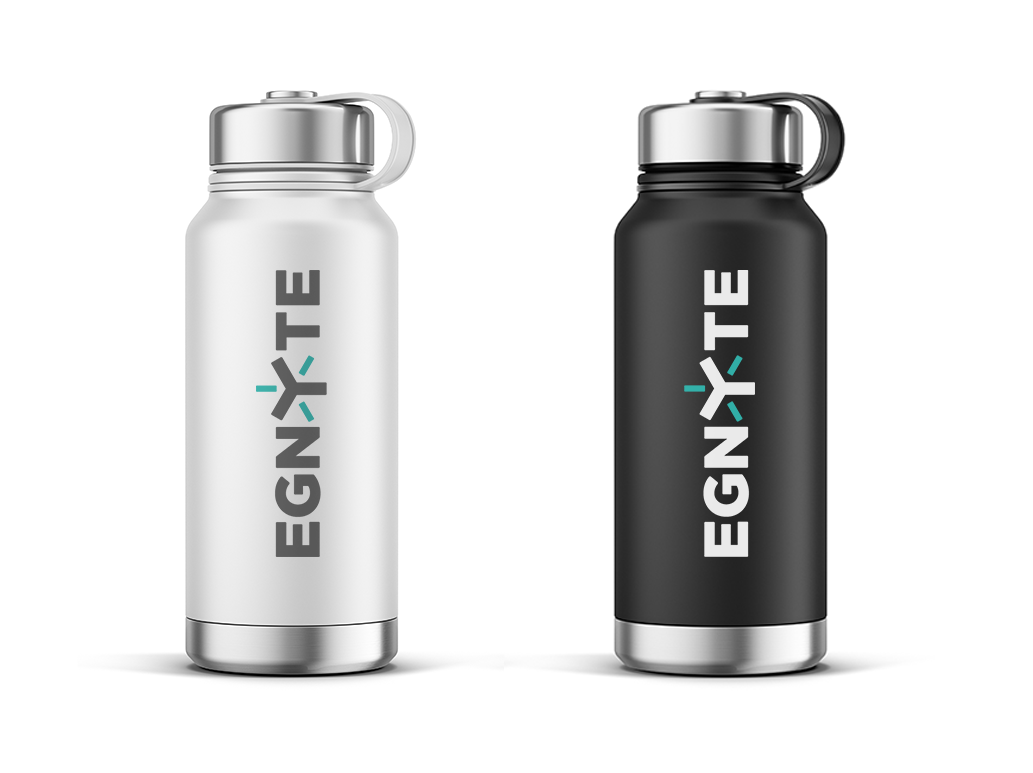 Two water bottles with tech company logos shown on items.