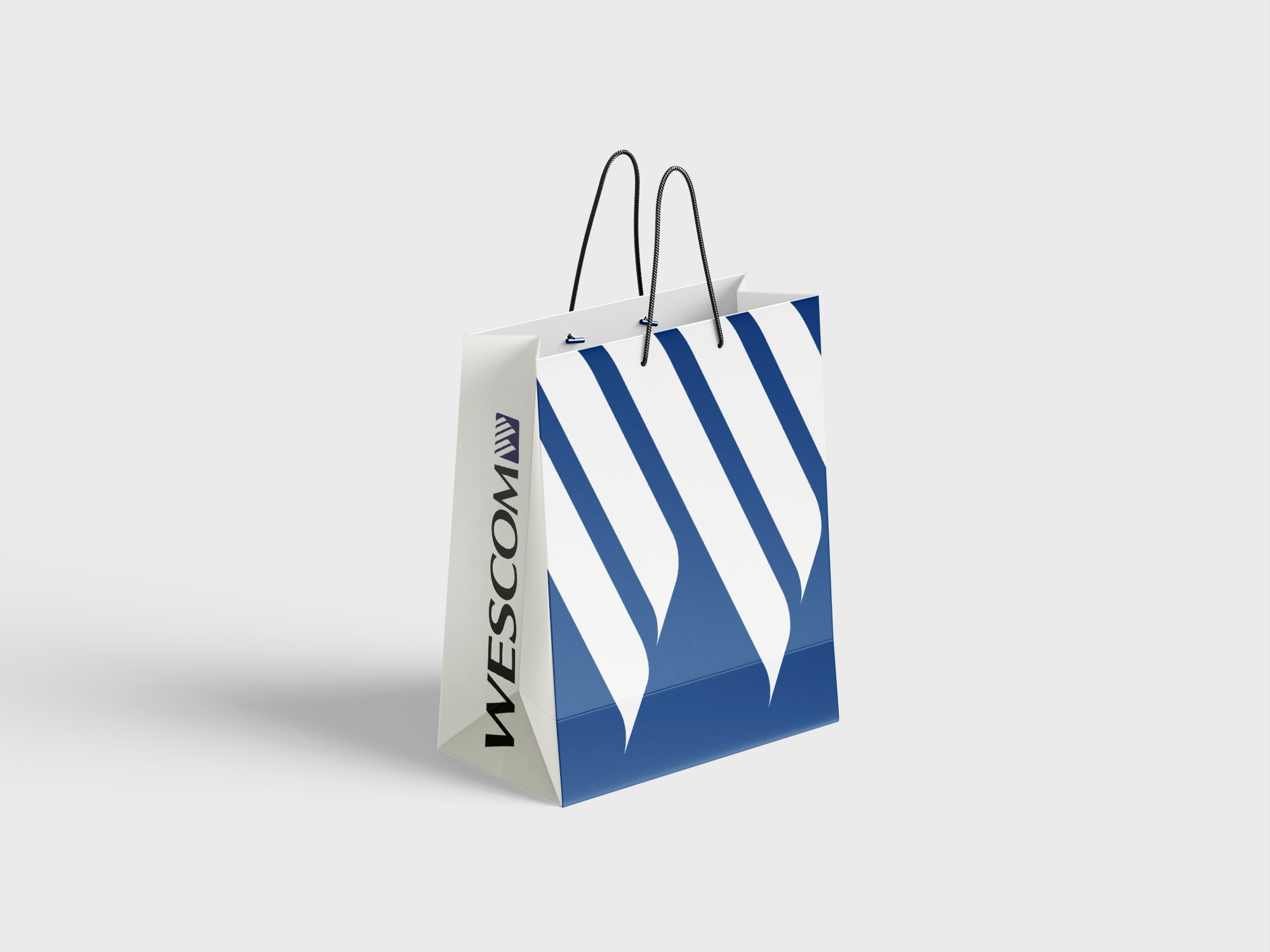 A white and blue bag with a company logo on it.