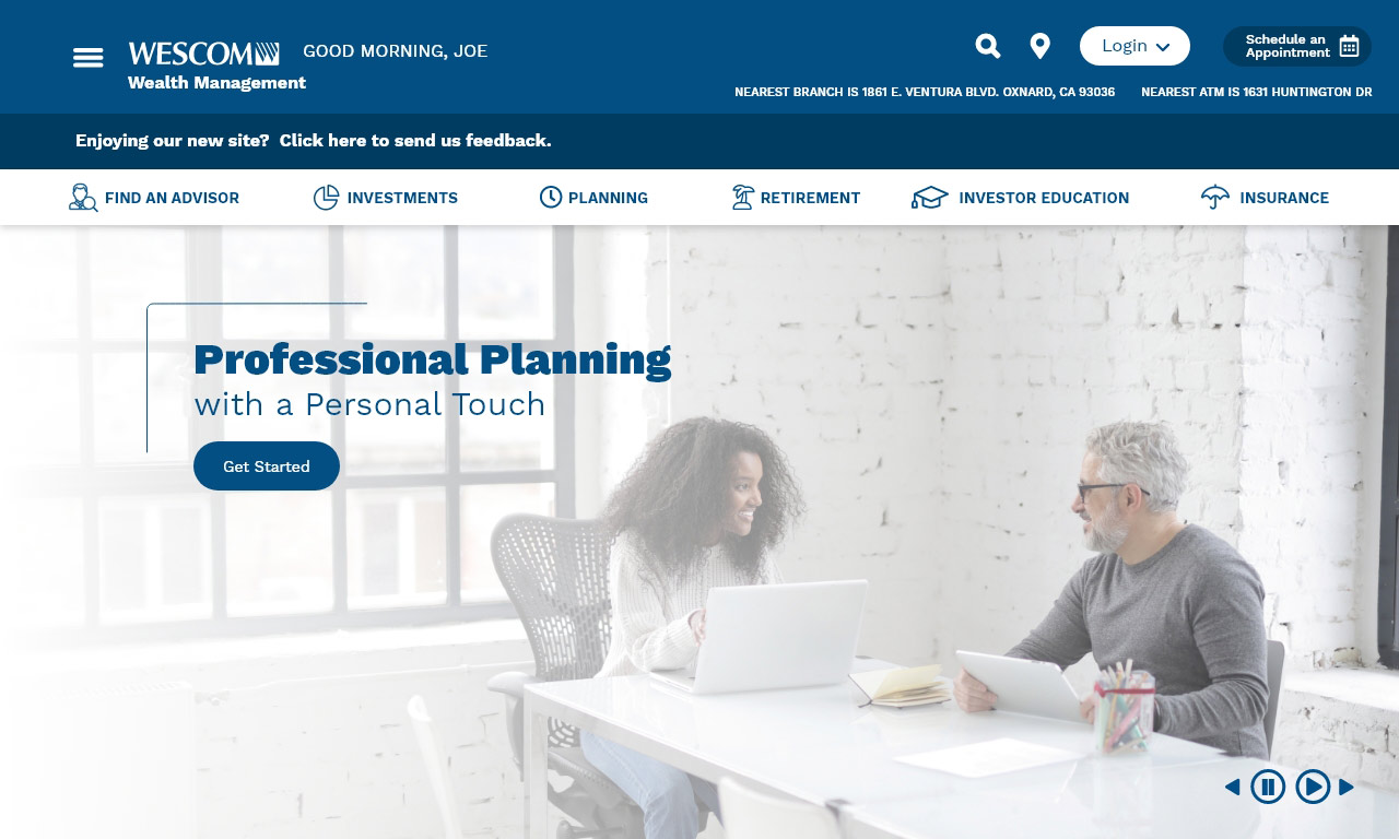 A desktop web design of a financial website home page.