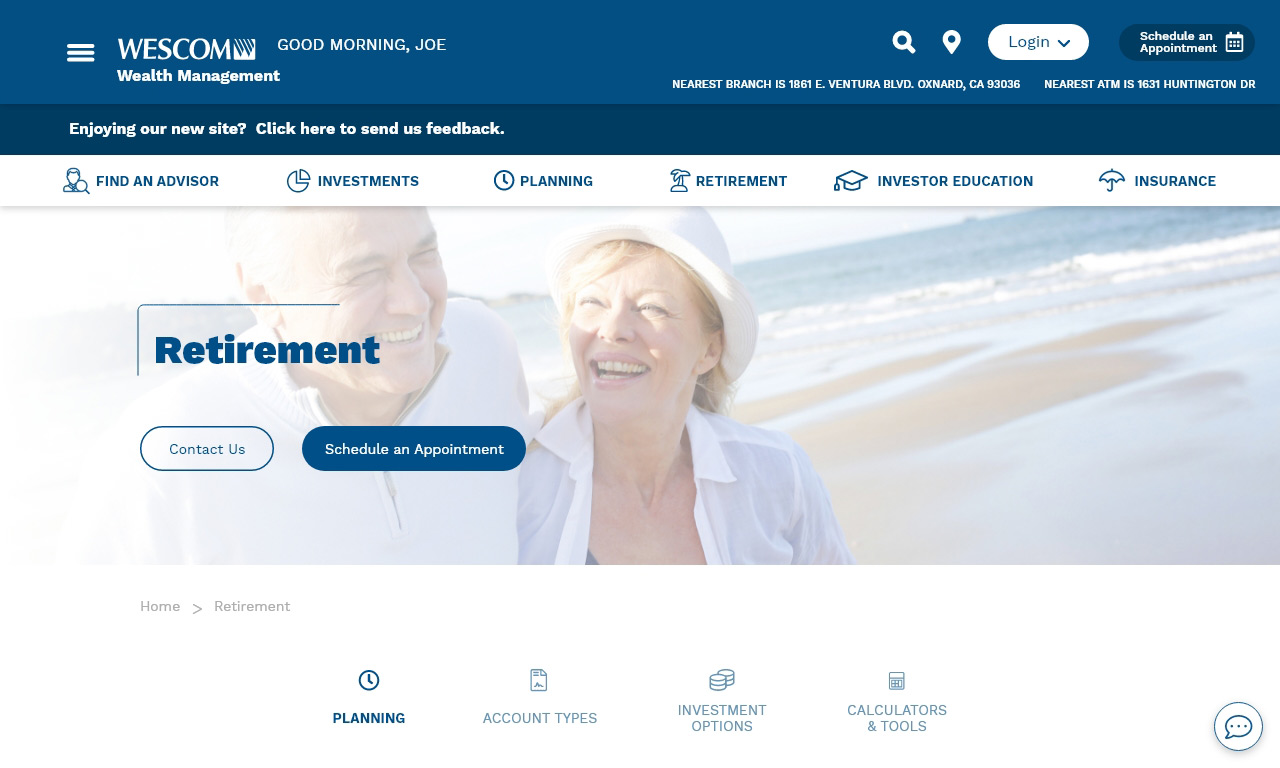 A UI page for a financial website featuring information about retirement.