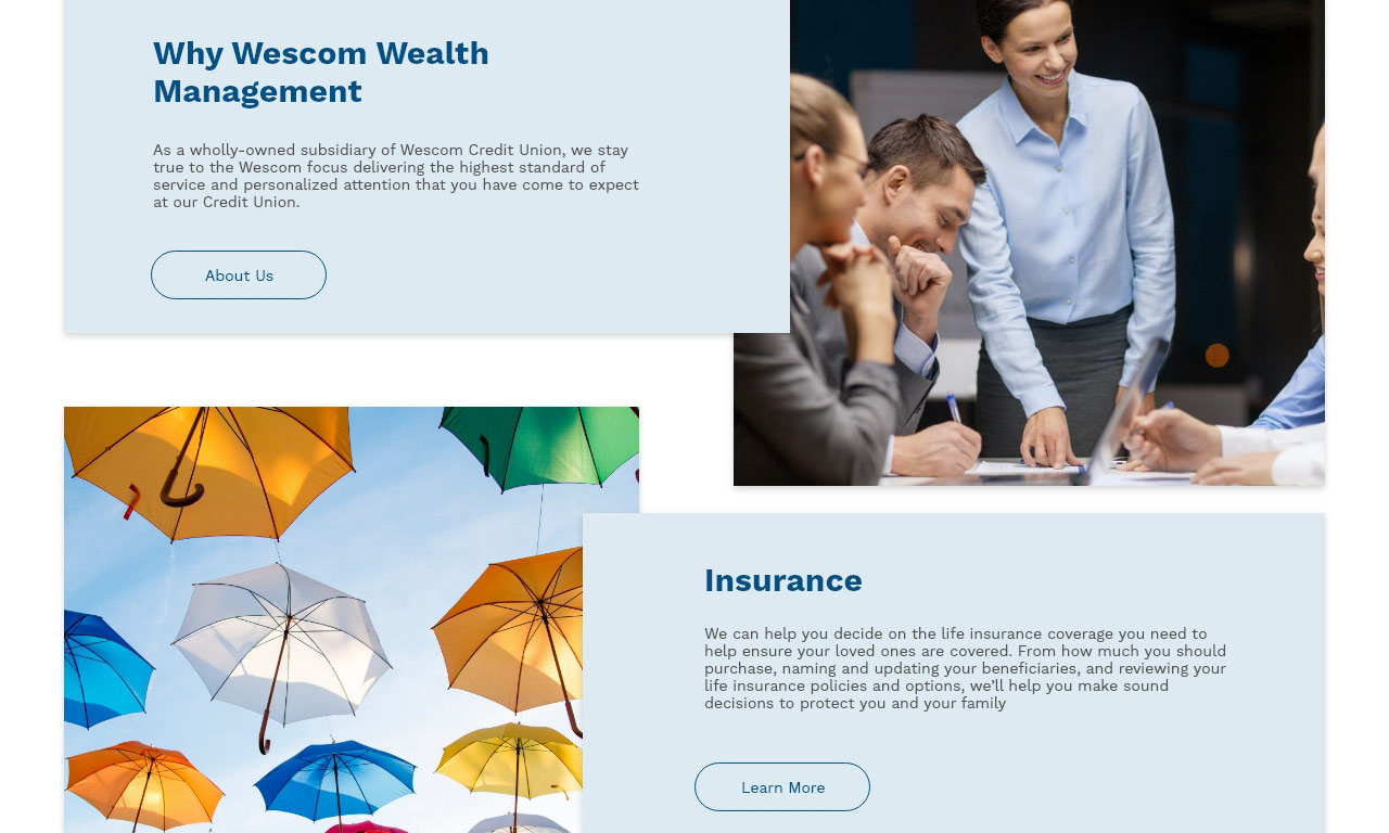 A desktop web design featuring an image of umbrellas and an image of people working together.