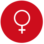 A women gender sign in a red circle.